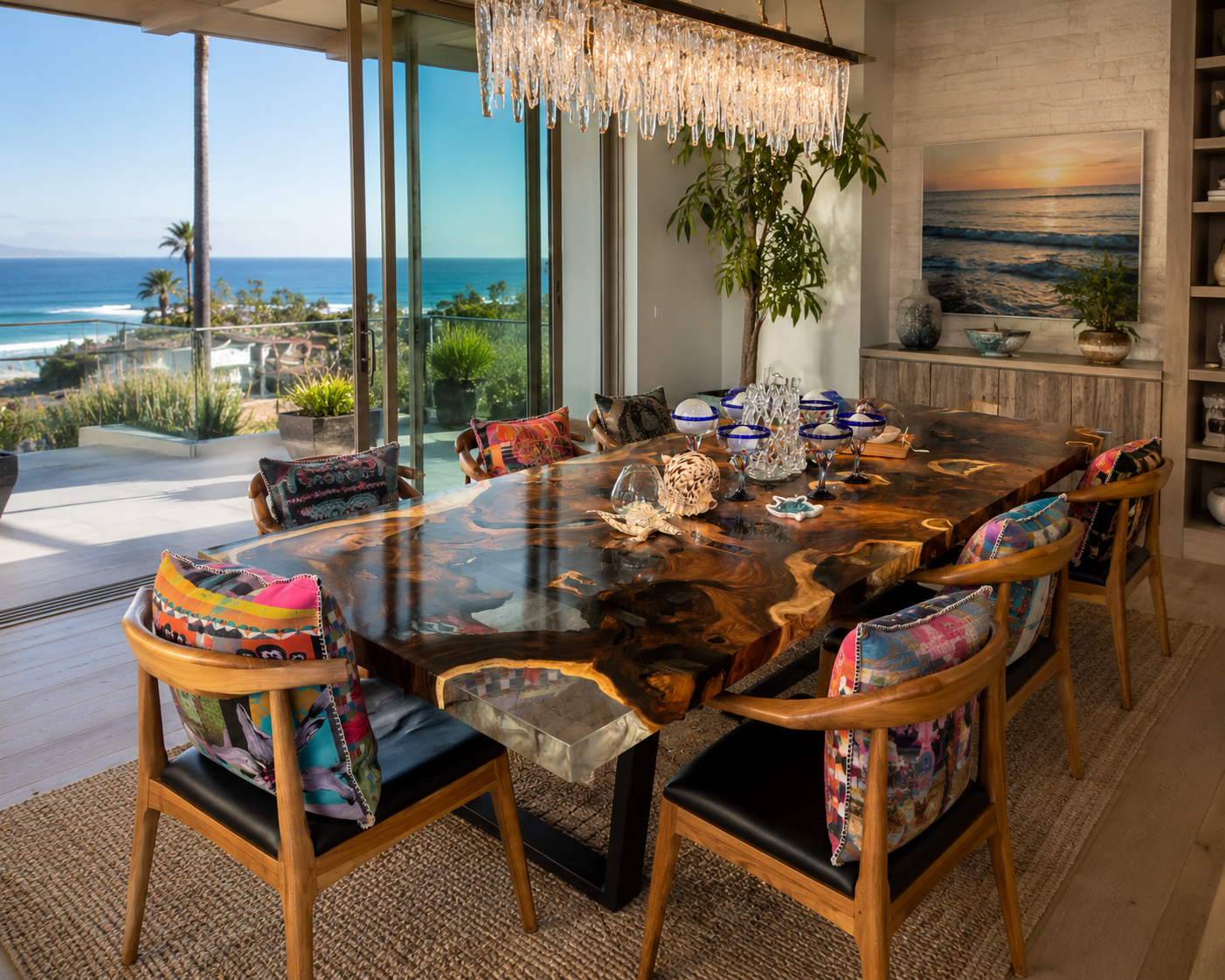 Custom wood and resin dining table available in Solana Beach California.