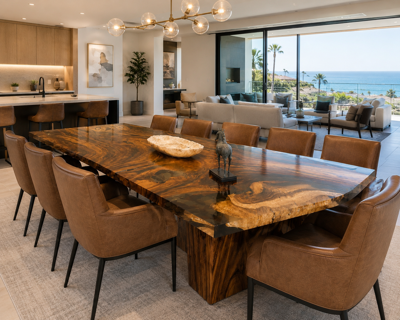Custom resin and live edge wood dining table in a modern San Diego home.