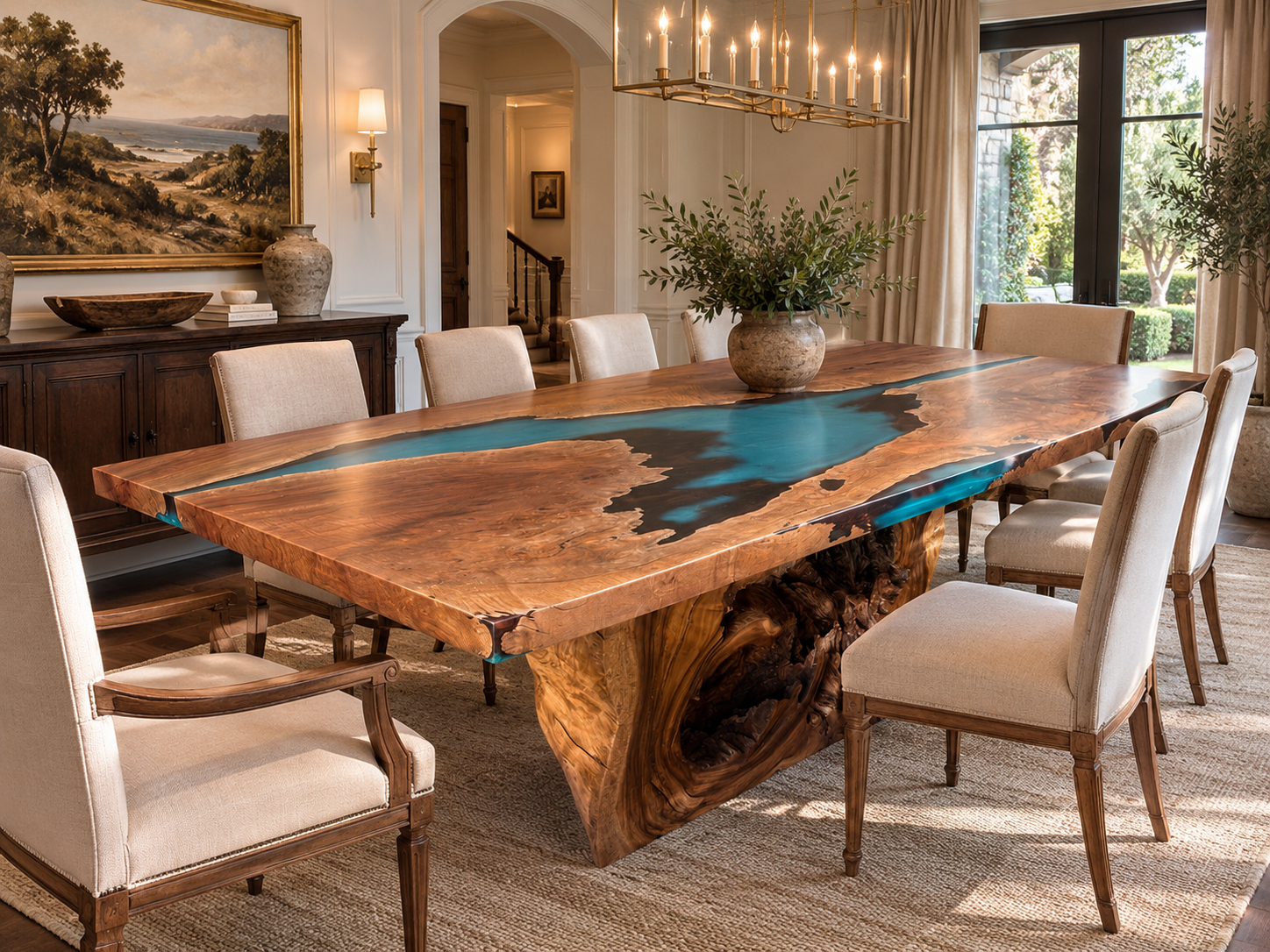 Custom made Live edge lychee dining table with blue resin