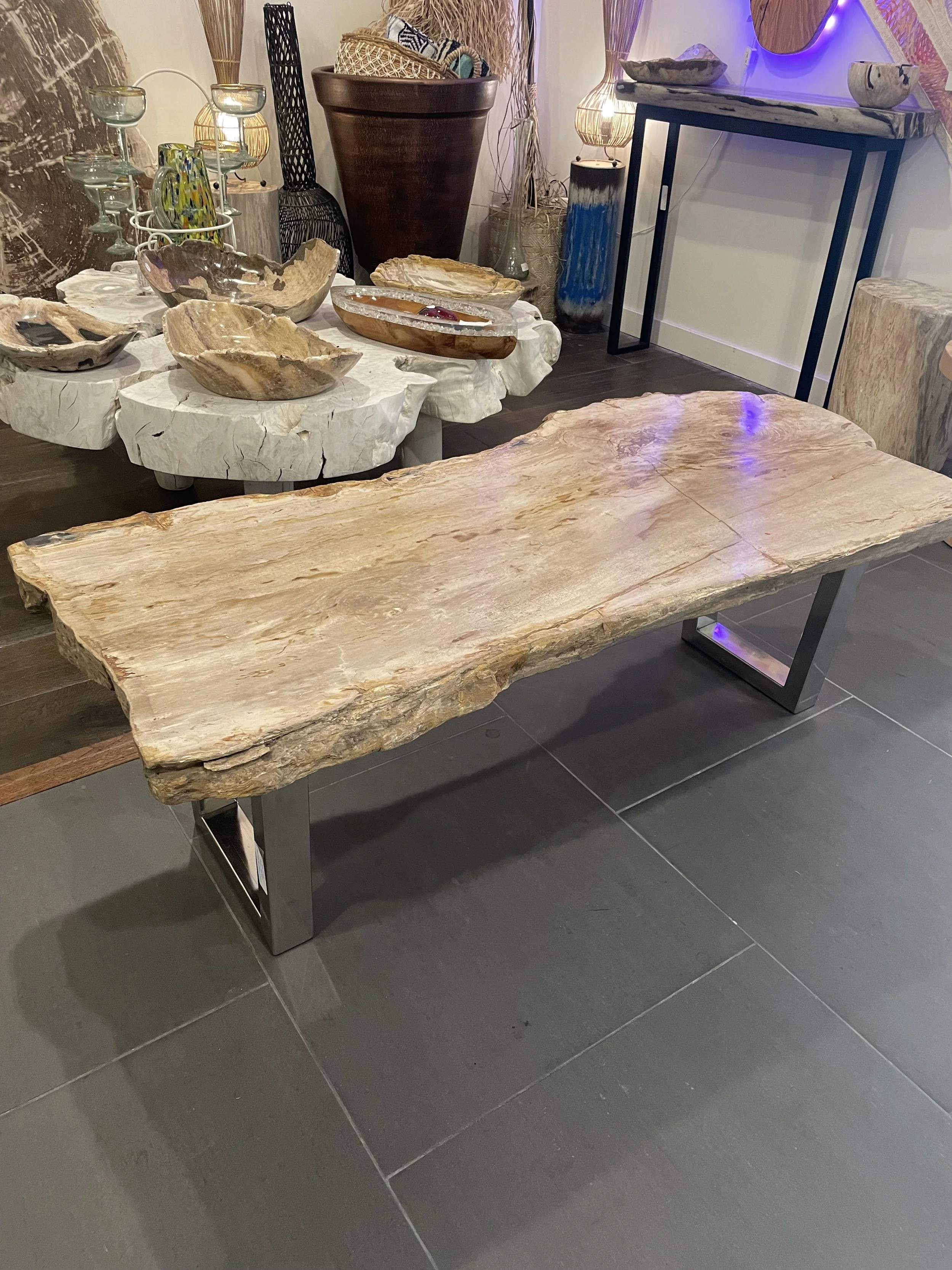Petrified Wood Coffee Table with Stainless Steel Base