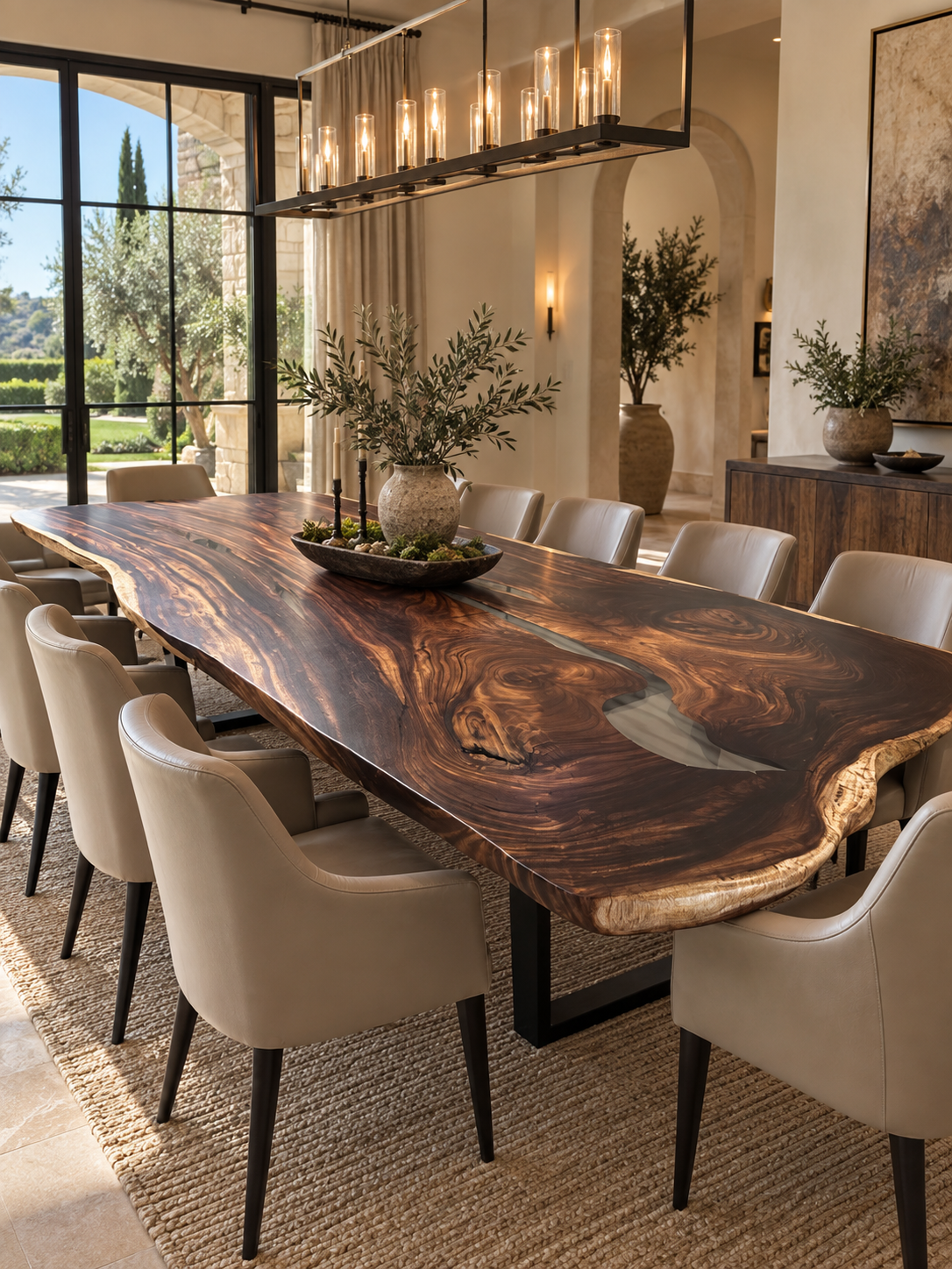 Large custom live edge dining table for 12 in a pacific palisades luxury home