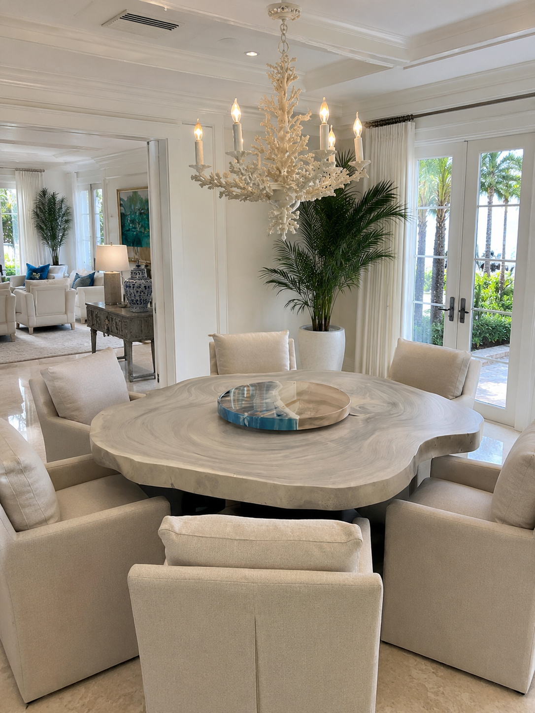 Custom live edge table in a contemporary luxury Boca Raton Florida home