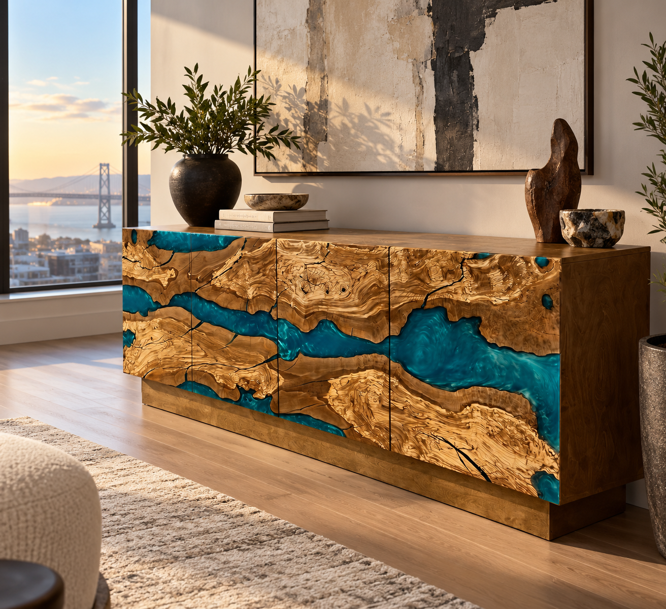 Luxury custom olive wood cabinet with vibrant blue resin river accents by Indigenous by La Rue, styled in a modern San Francisco home.
