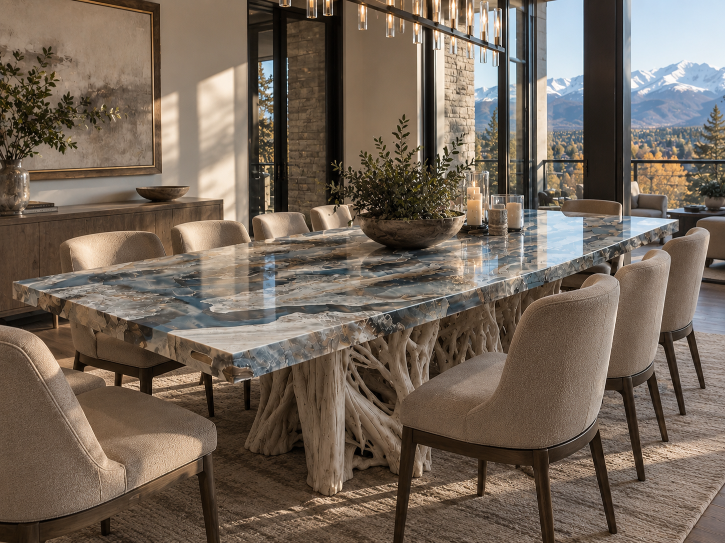Custom live edge epoxy resin dining table in a luxury Denver Colorado home.