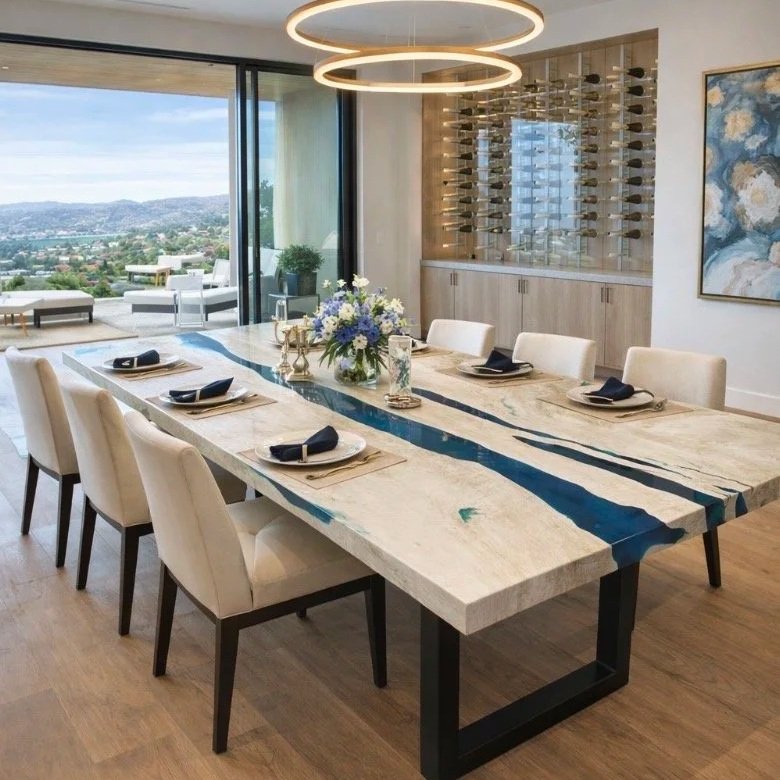 WHITE LYCHEE TABLE WITH ICE BLUE RESIN