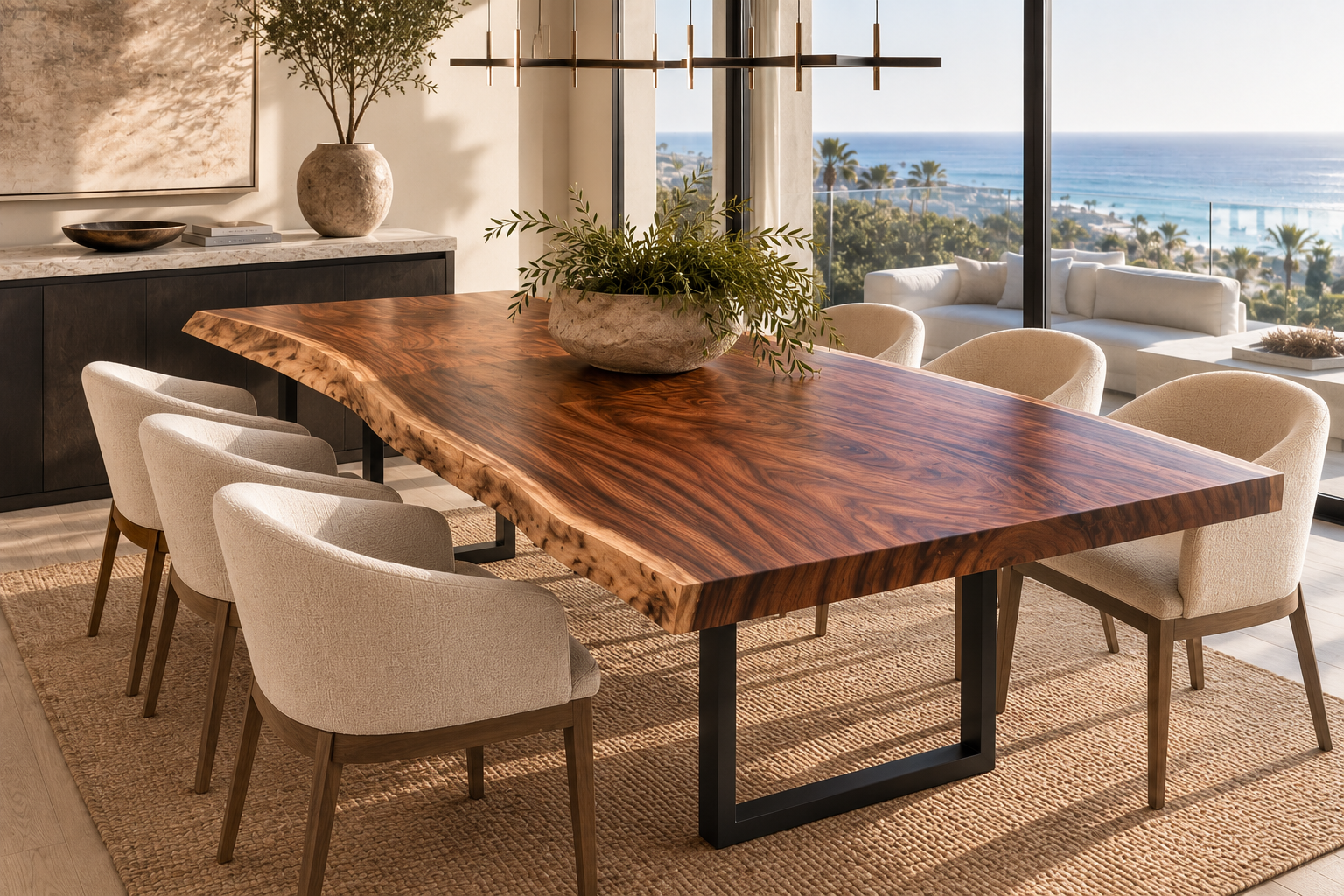 Custom live edge table in a contemporary San Diego Home