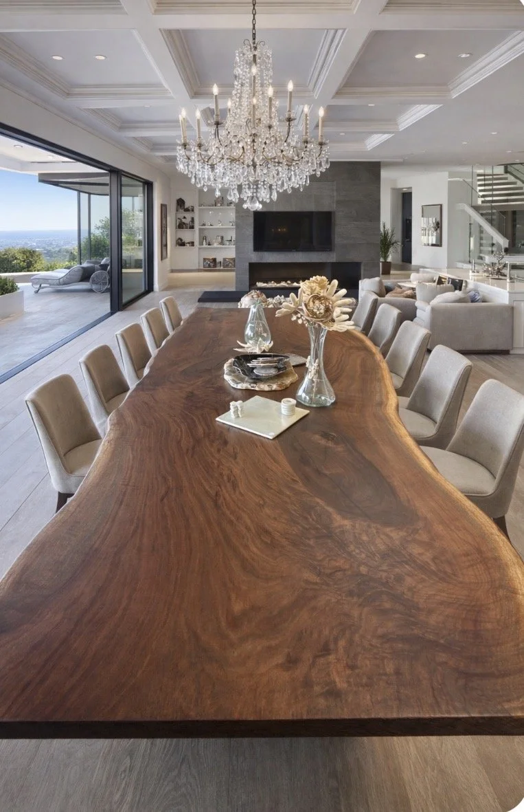 108" Black Walnut Live Edge Dining table in a la Jolla home