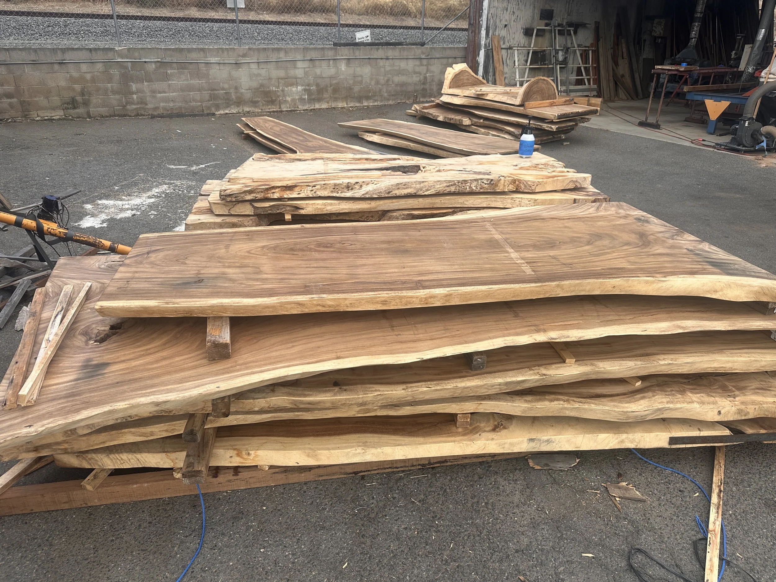 live edge wood slabs available for custom table selection at our San Diego lumberyard