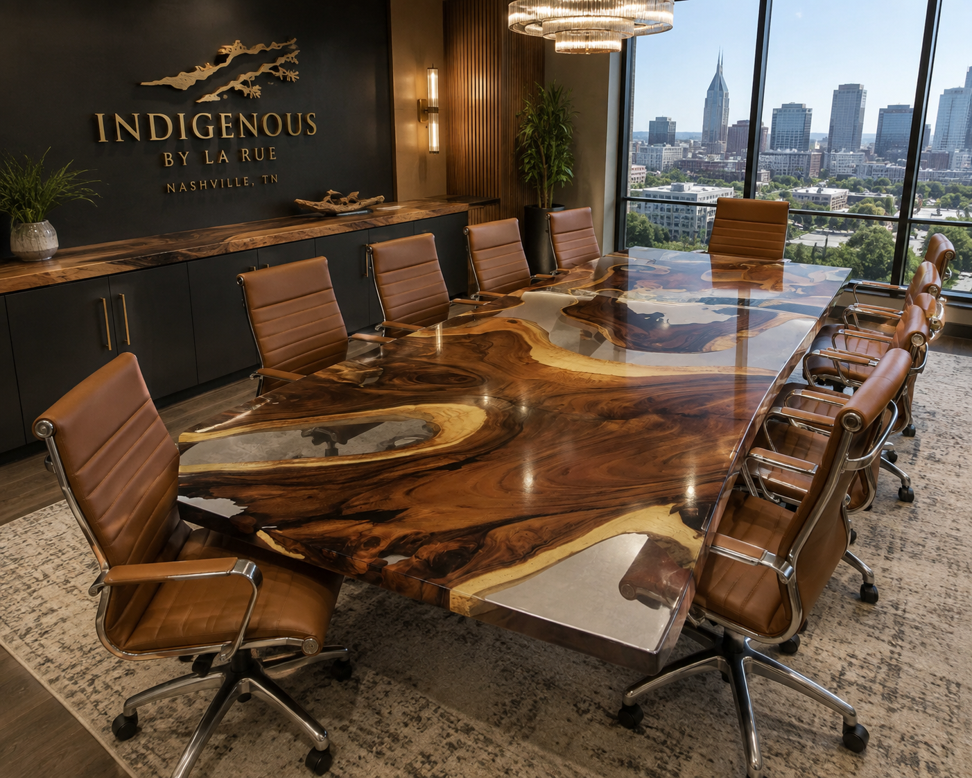 Luxury wood and clear resin conference table in Nashville Tennessee.