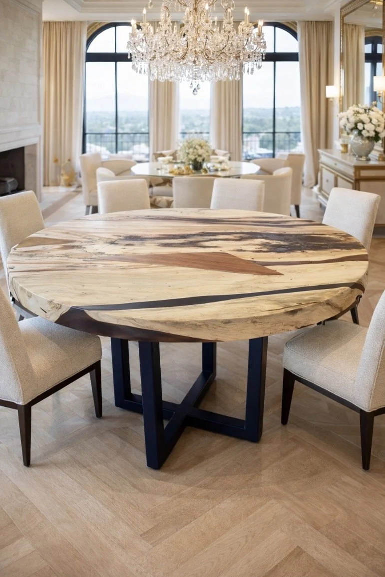 Custom 42" Round Tamarind Table Slab with Semi-transparent Epoxy Resin