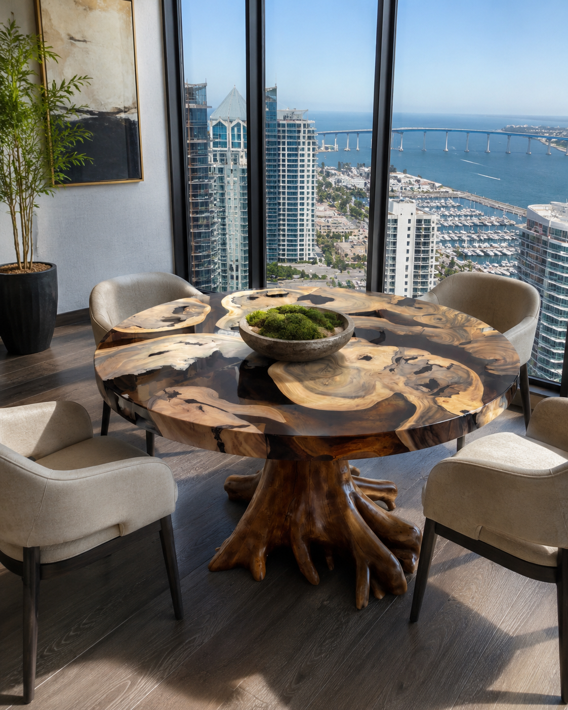 Custom round live edge dining table in a luxury San Diego home