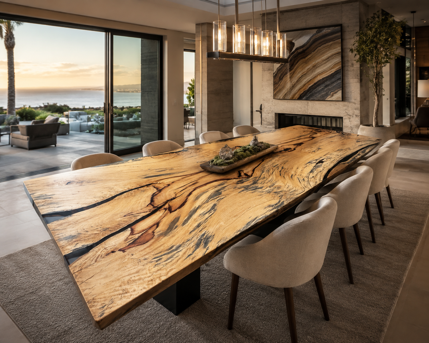 12 foot tamarind live edge dining table handcrafted for a luxury San Diego home