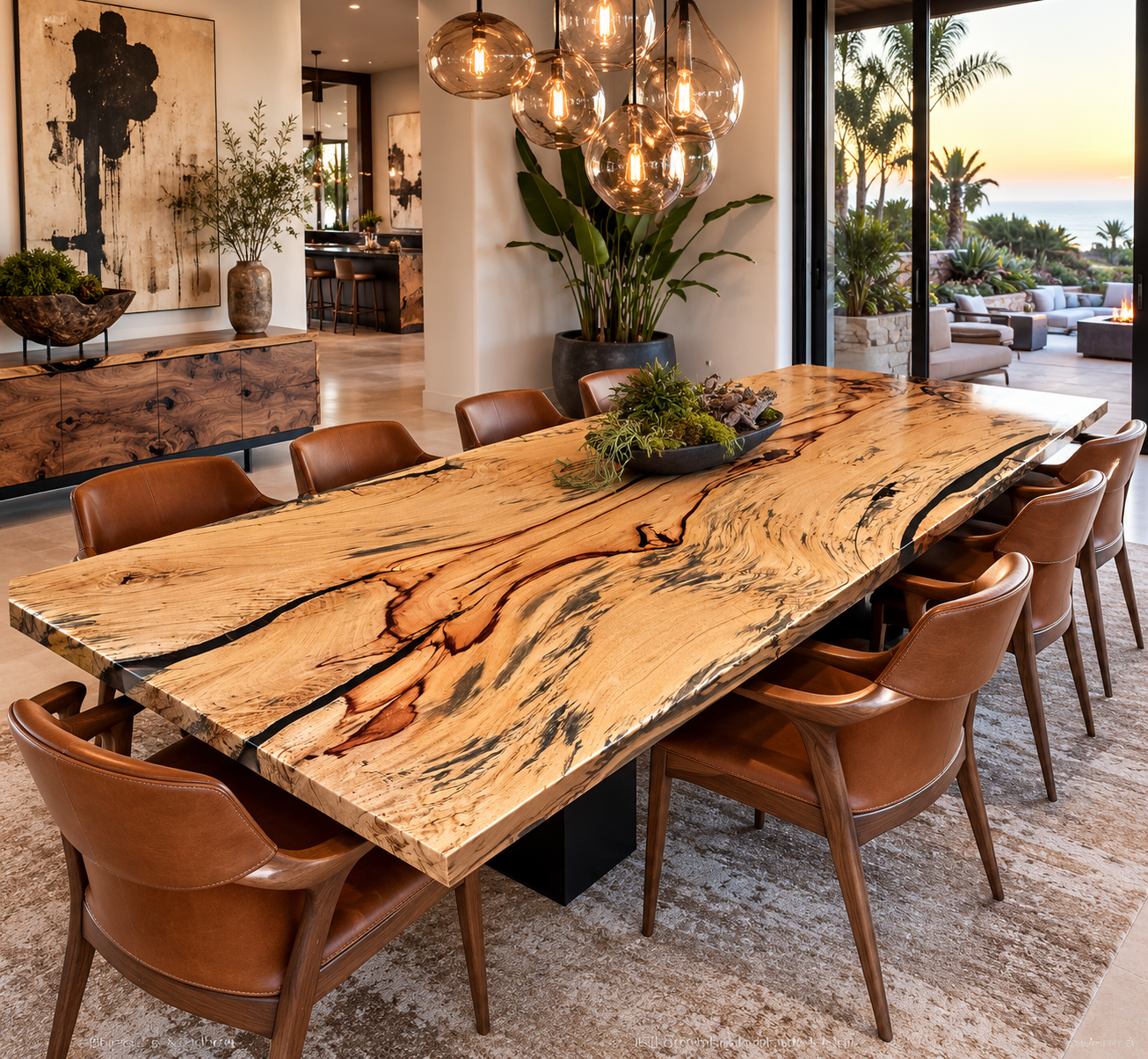 Natural live edge solid wood slab dining table showing unique grain and character
