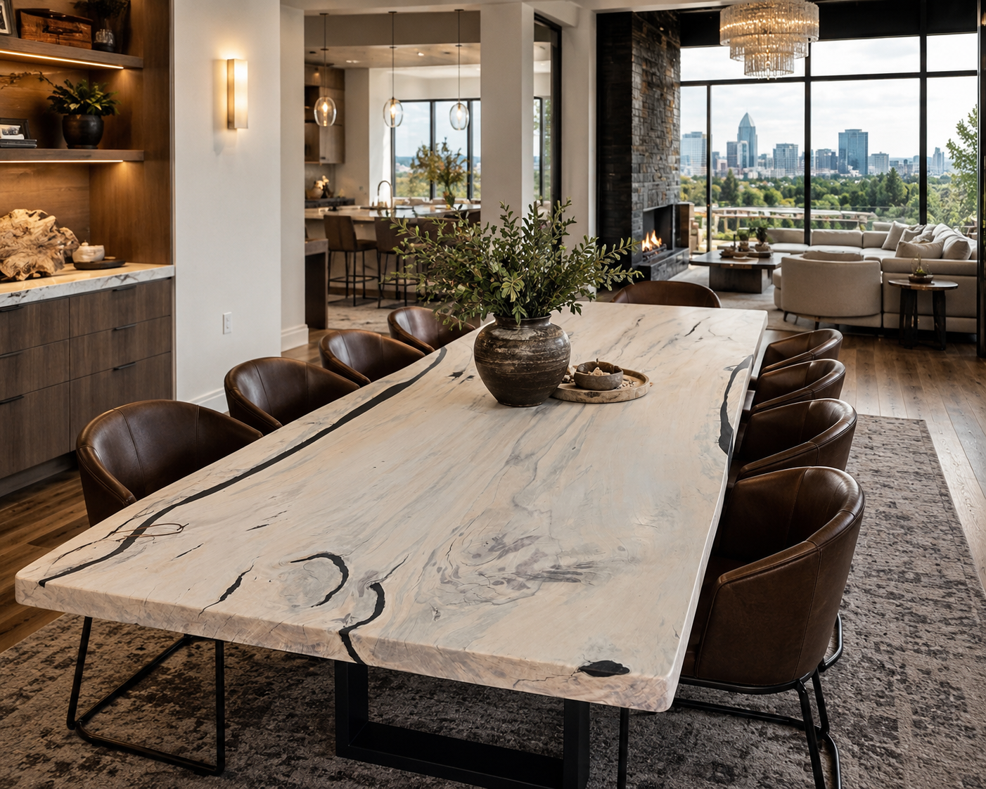 Custom live edge dining table in a luxury Nashville Tennessee home