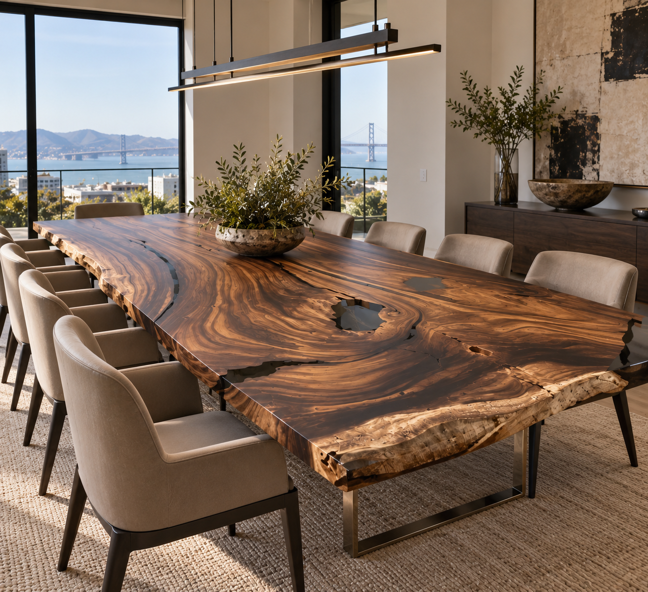 Luxury custom acacia live edge dining table with resin accents by Indigenous by La Rue, showcased in a modern San Francisco home.