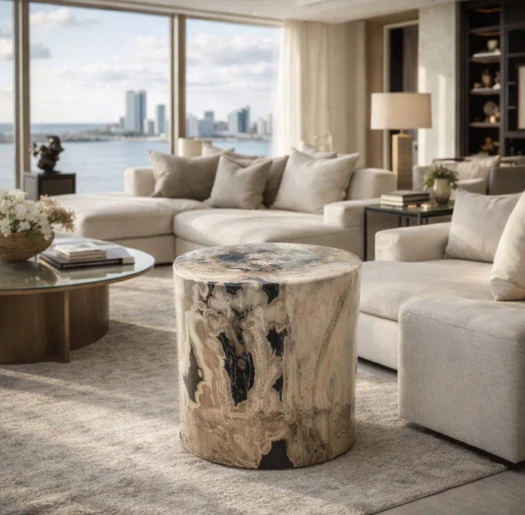 Modern Polished Petrified End Table