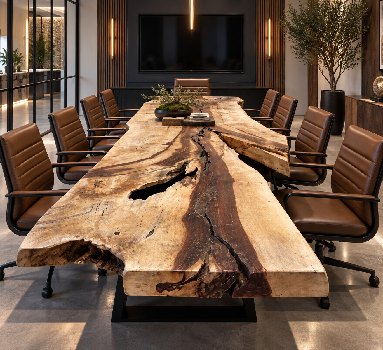 22 foot custom live edge tamarind conference table for a San Diego commercial office.