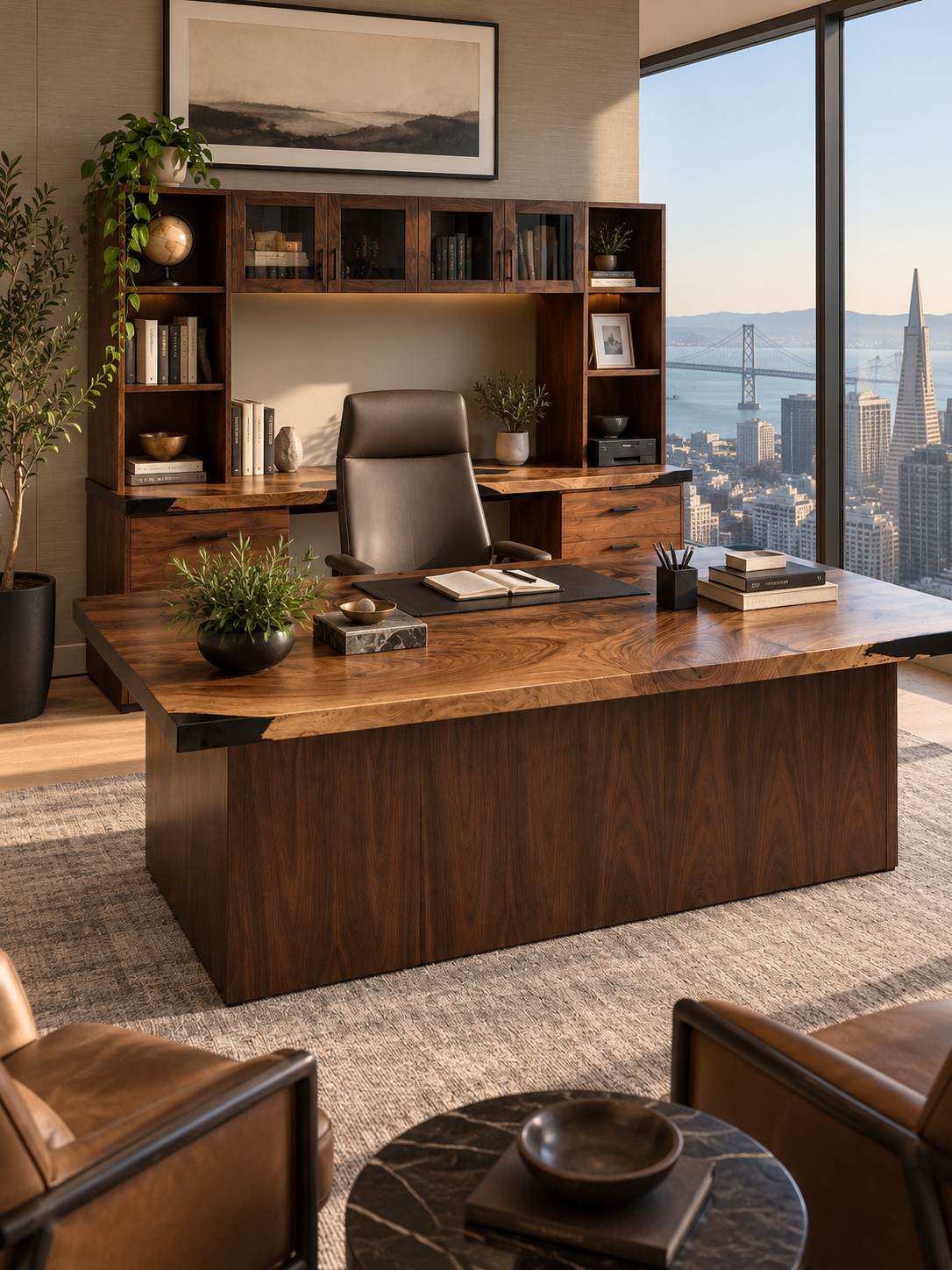 Luxury custom walnut executive desk with natural live edge details, built-in cabinetry and rich wood grain, staged in a San Francisco CEO office.