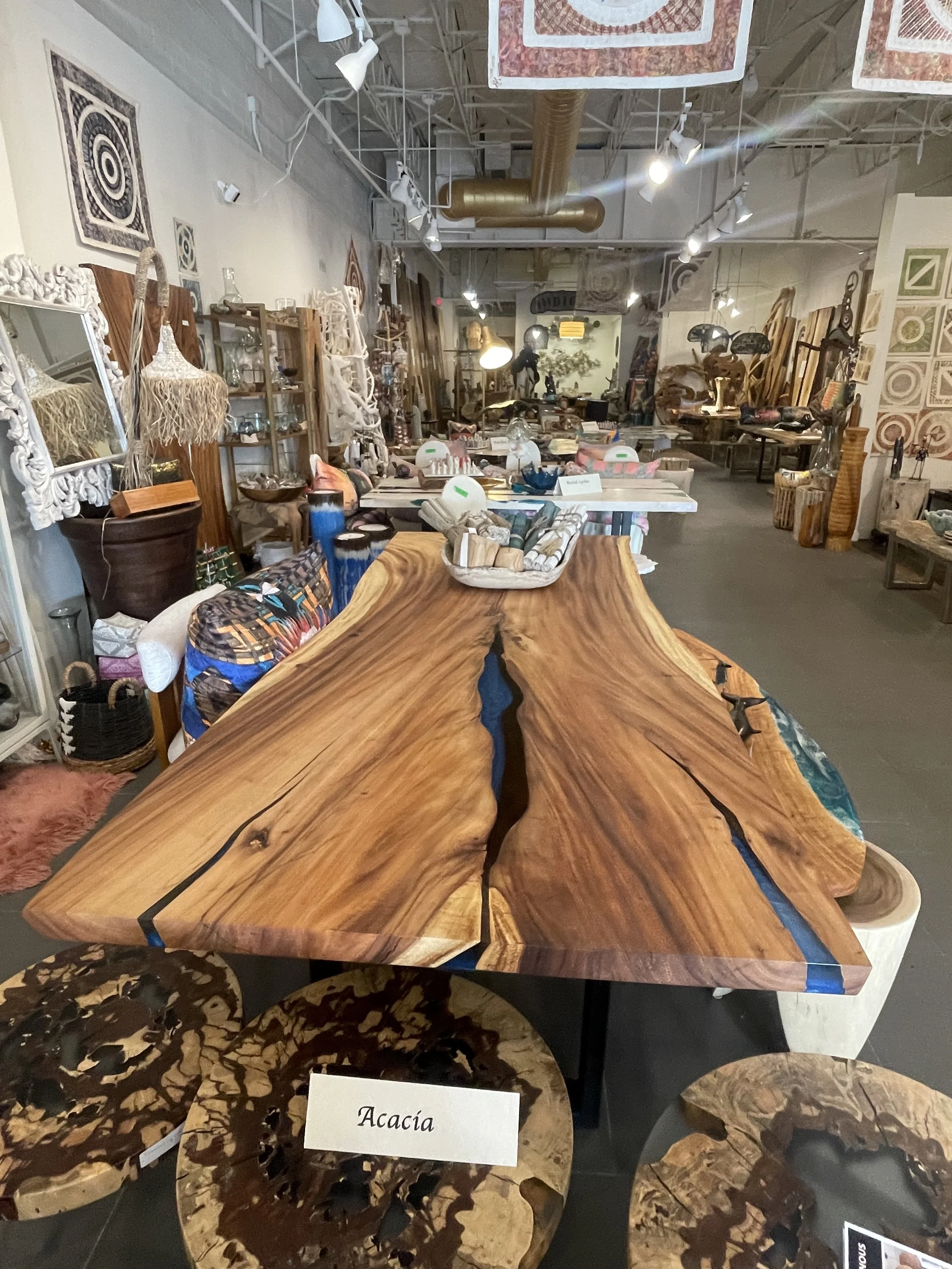 95" by 40 " Acacia table with blue epoxy.jpeg