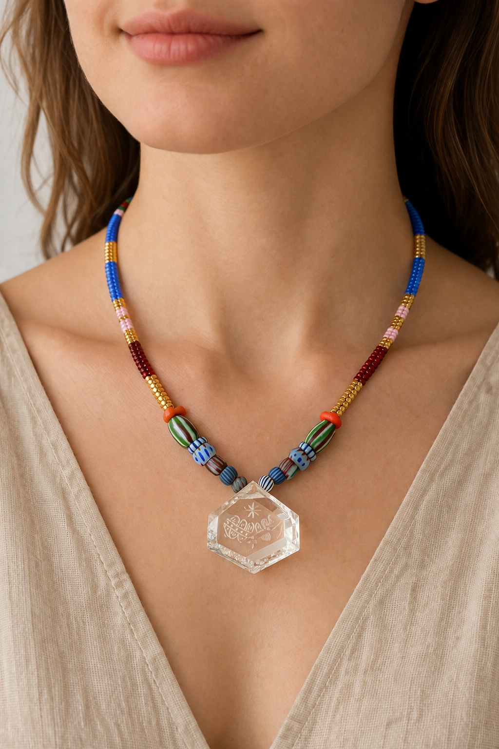 Engraved Crystal Quartz Necklace with Vintage African Beads