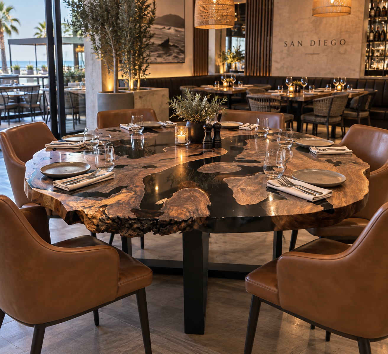 Round live edge resin dining table for a luxury restaurant in San Diego