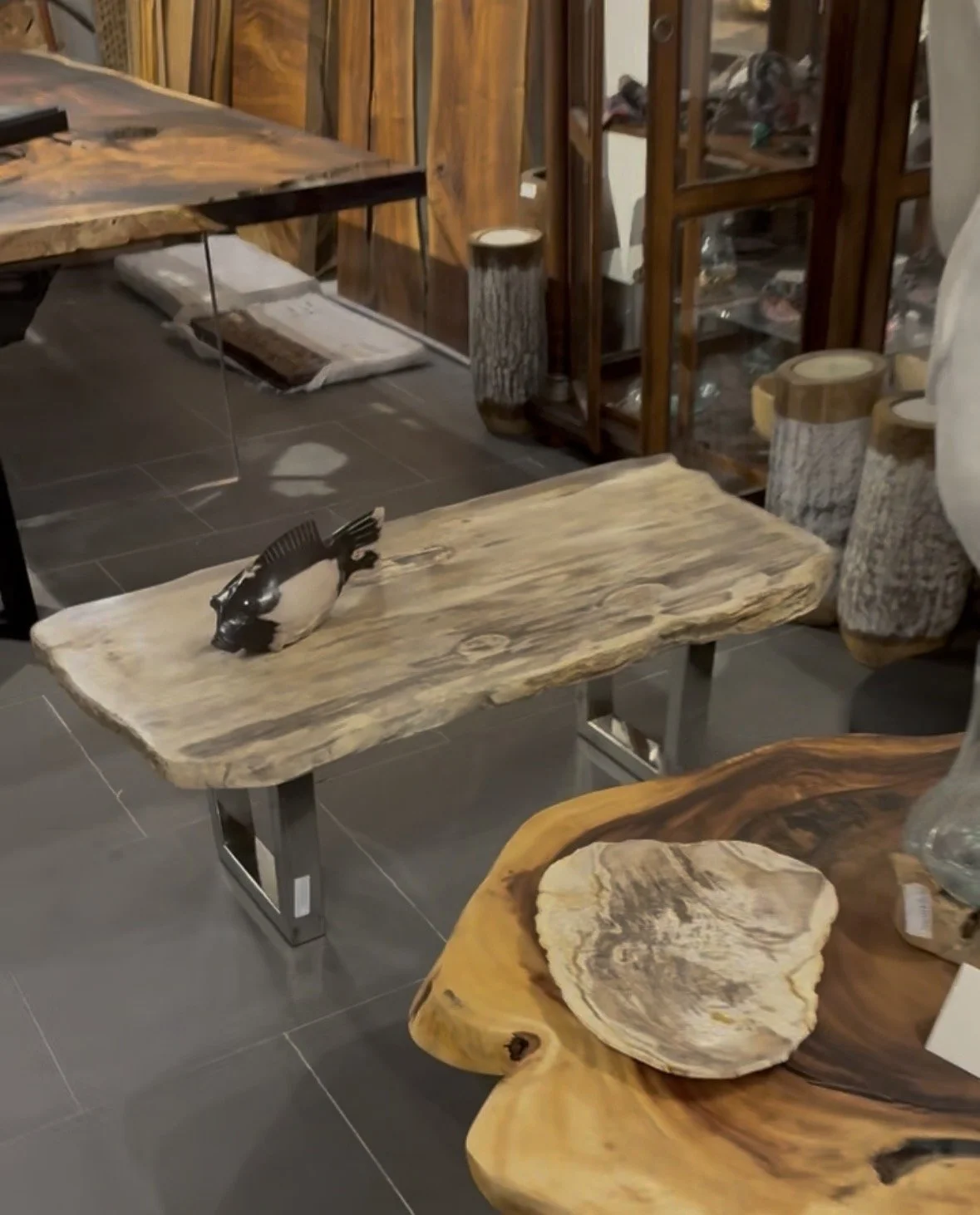 petrified coffee table gray on stainless steel base.jpg