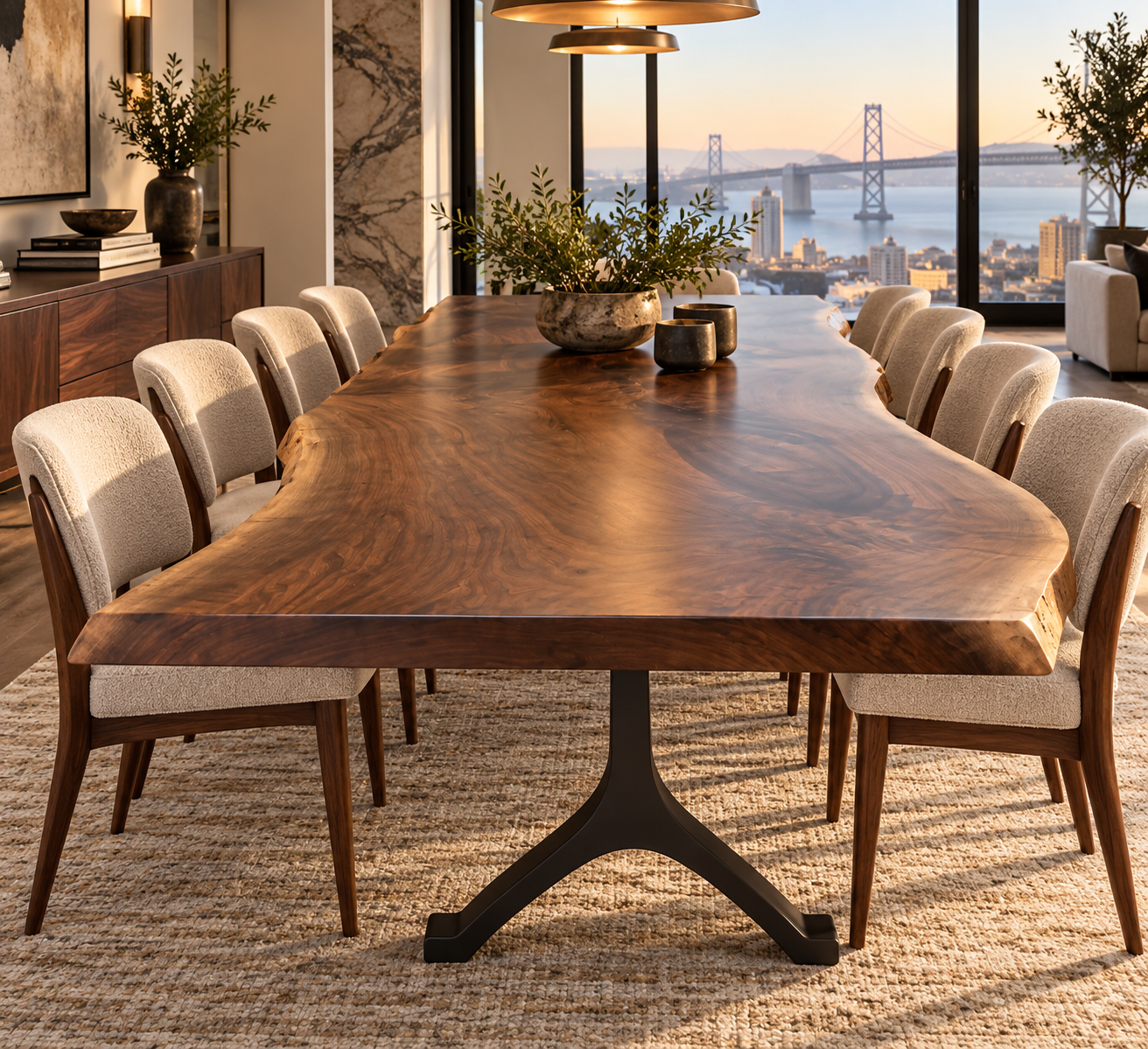 Luxury custom walnut live edge conference table with natural wood grain and black metal base, staged in an elegant San Francisco interior.