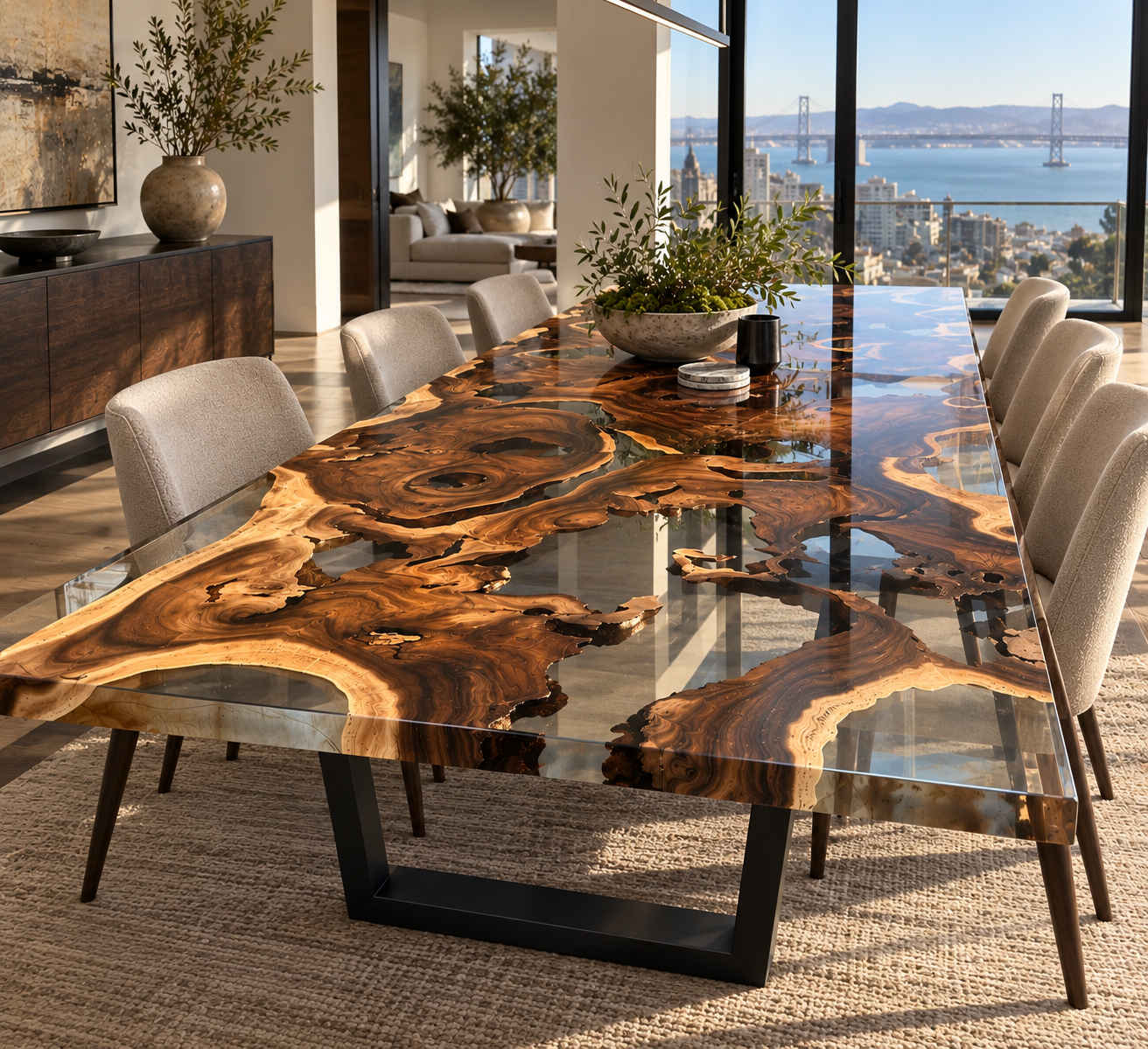 Luxury live edge wood dining table with crystal-clear resin and black metal base, staged in a modern San Francisco dining room.