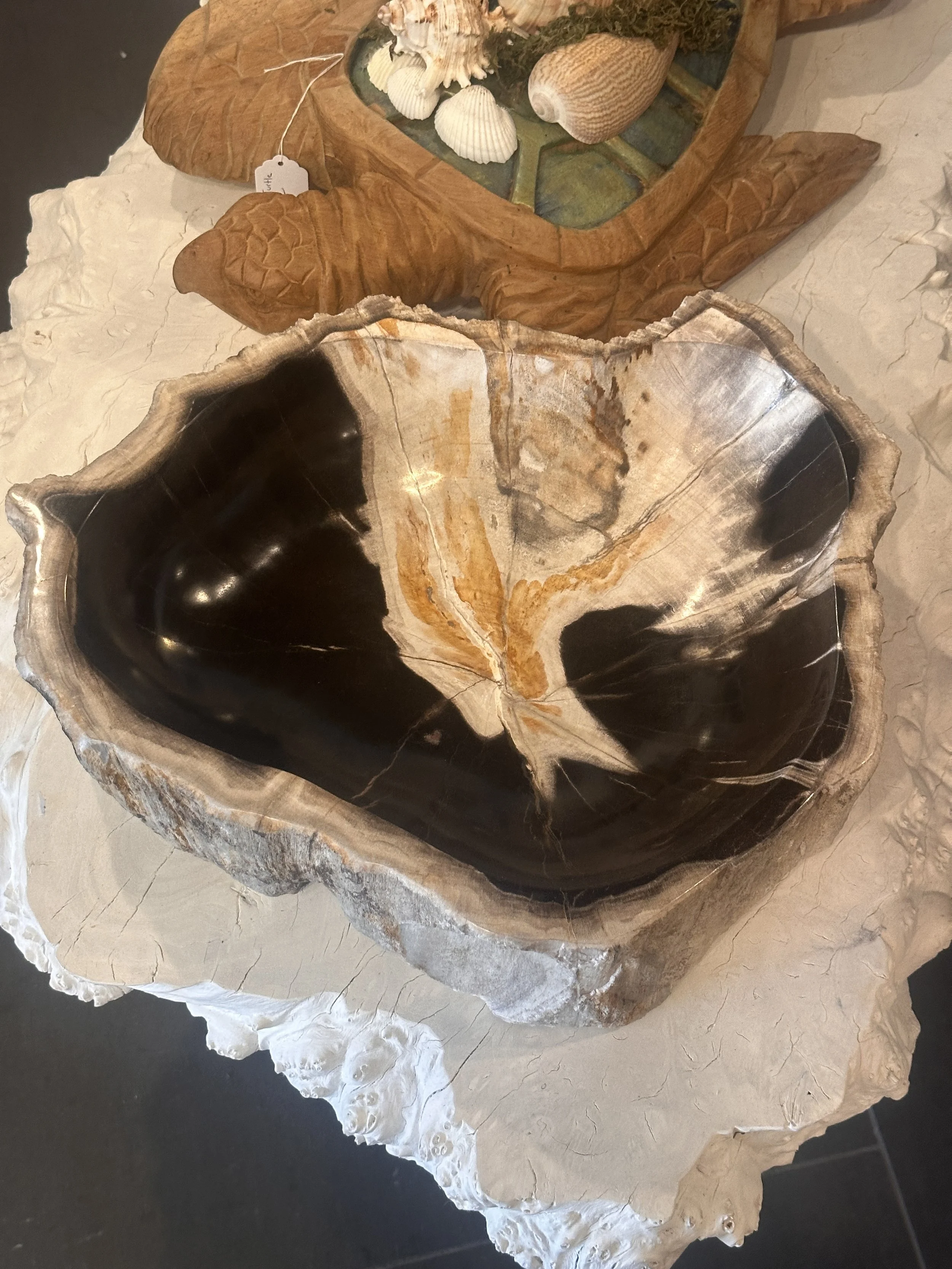 black white and gold petrified wood bowl.JPG
