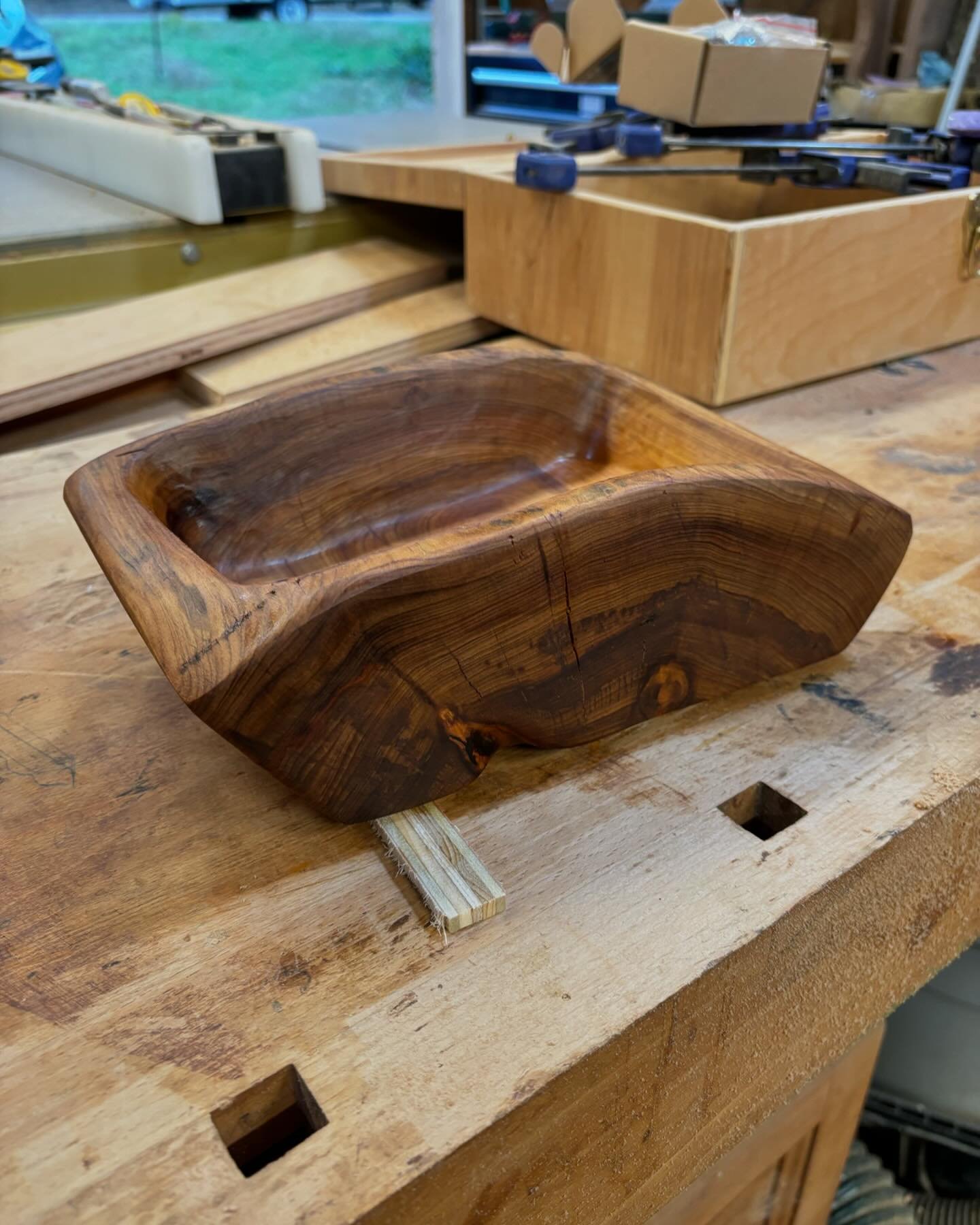 A rustic bowl this time. No lathe but lots of chisels, grinders, and even more sanding. 
 
From raw log to finished bowl, this guy came out of the same raw cypress log that produced the bowl that I posted earlier. This one has its own rugged beauty t