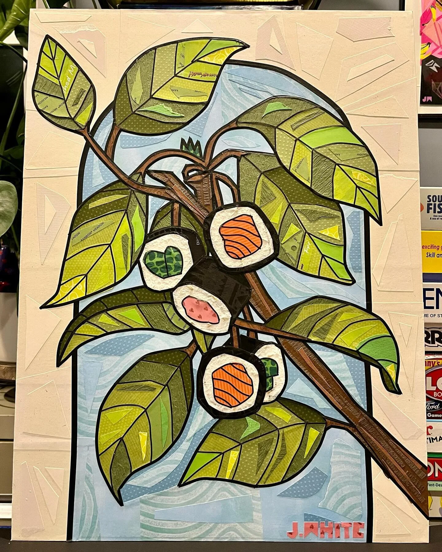 Spring Roll 🌿 Sushi Blossom Tree 🌿 
IDK what to call it ✂️ made of paper on wood
.
.
.
#paper #paperart #papercrafts #papercut #paperartist #collage #collageartwork #collageartist #papercollageartist #art #artistsoninstagram #artoftheday #artgaller