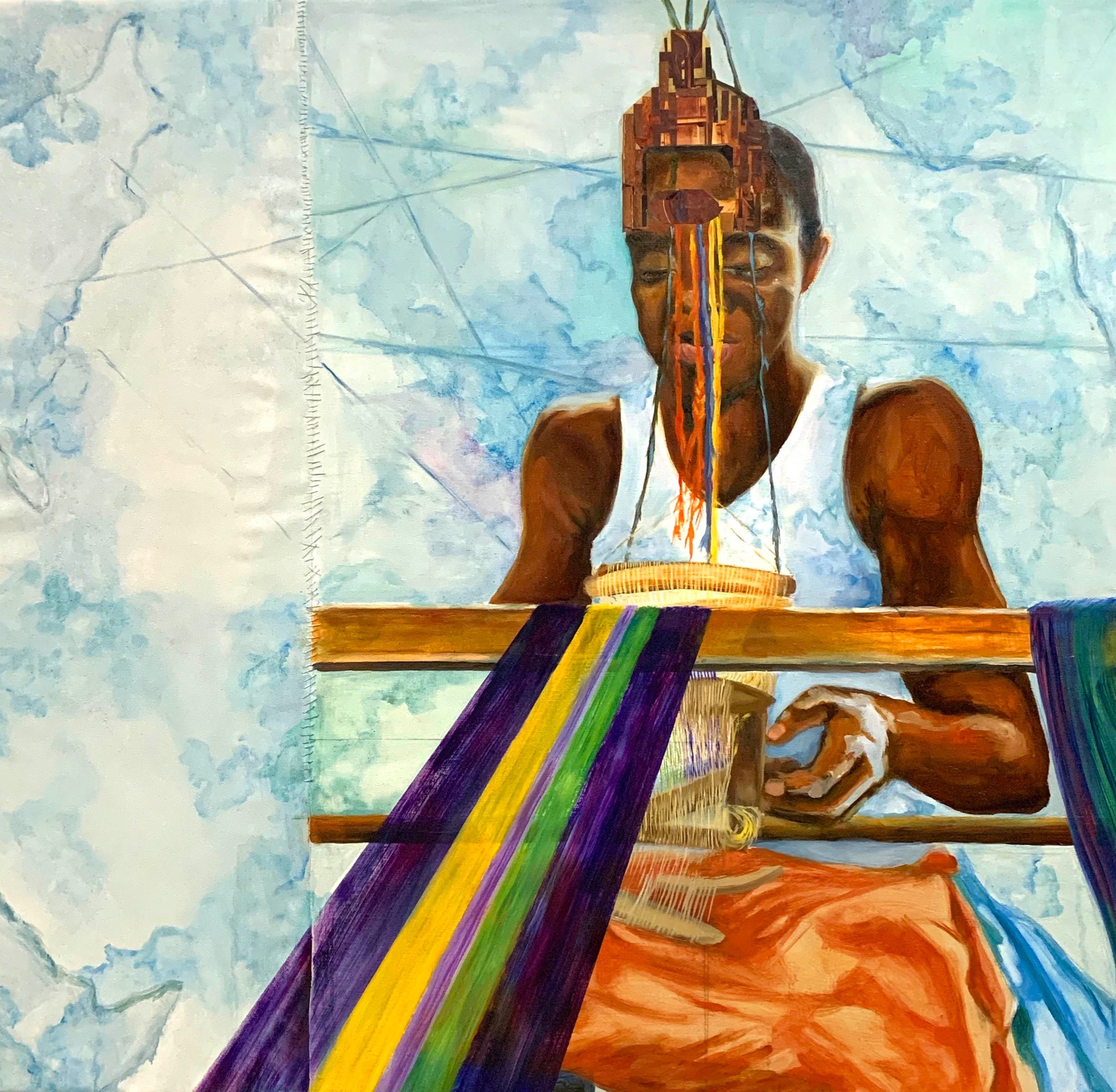 The Memory Weaver, Oil, Thread, & Collage on Canvas, 36x38, 2020.