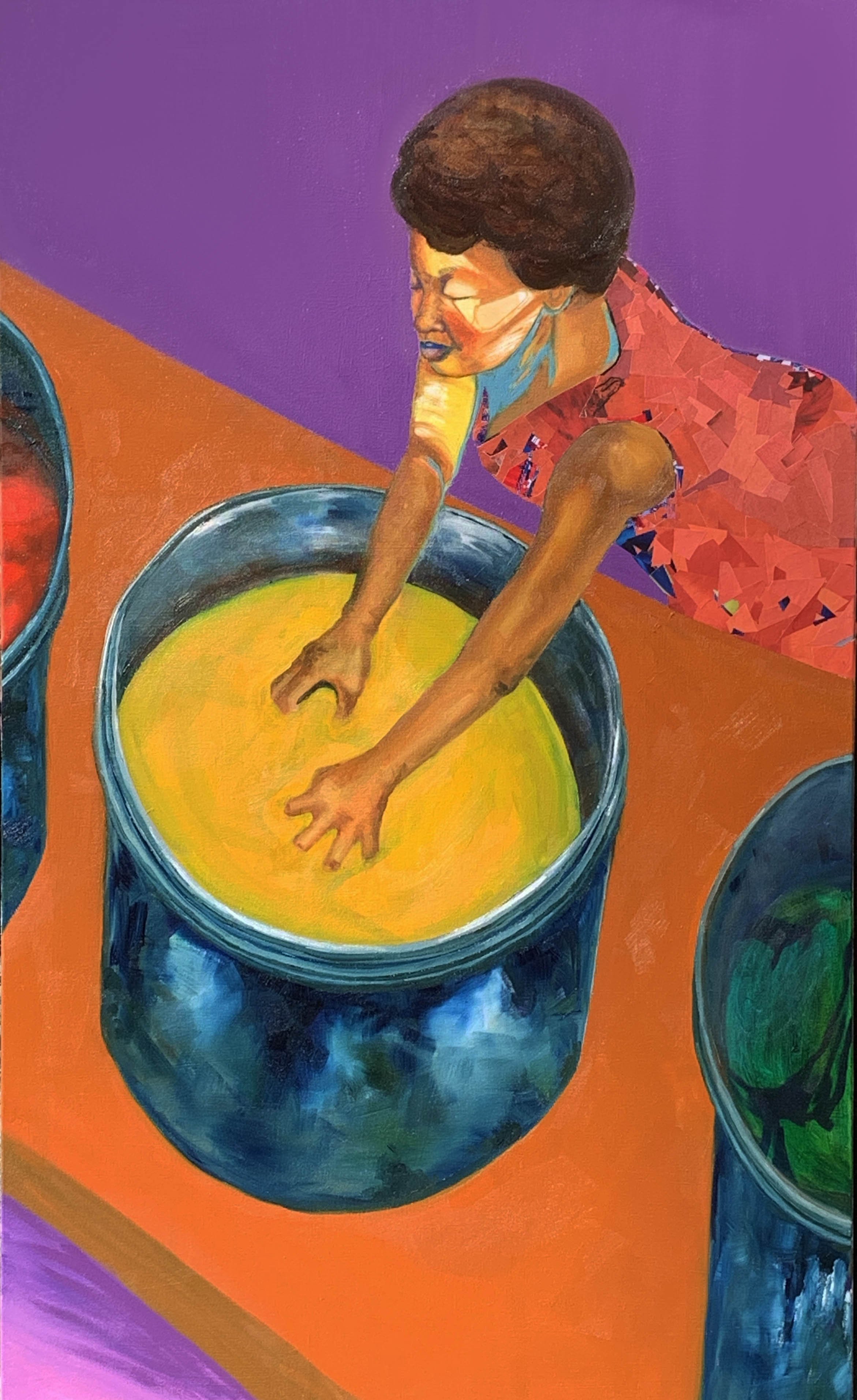 A Woman Dyeing Raffia Thread, Oil and Collage on Canvas, 36x60, 2020.