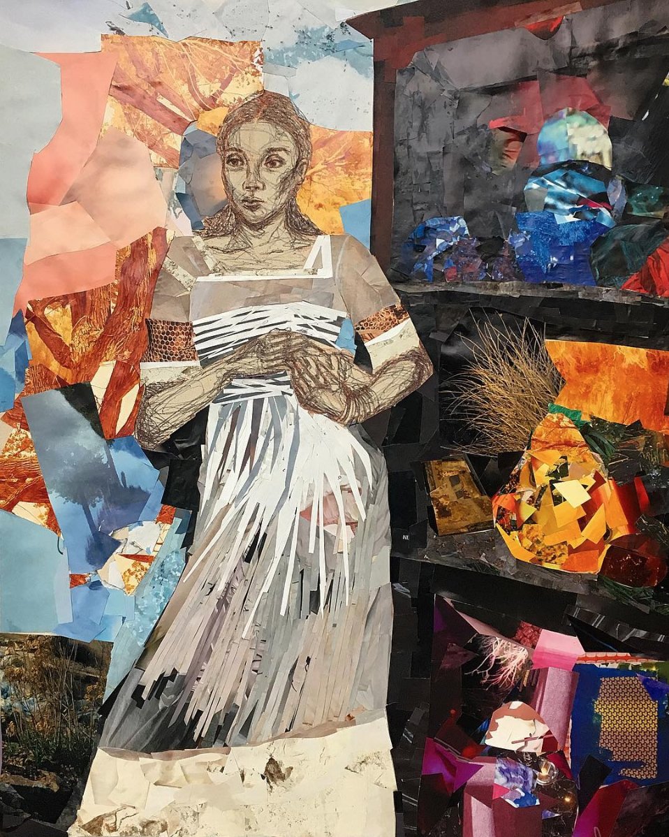 Collage Self-Portrait, Collage, Ball Point Pen, Color Pencil on Canvas, 24x30, 2019.