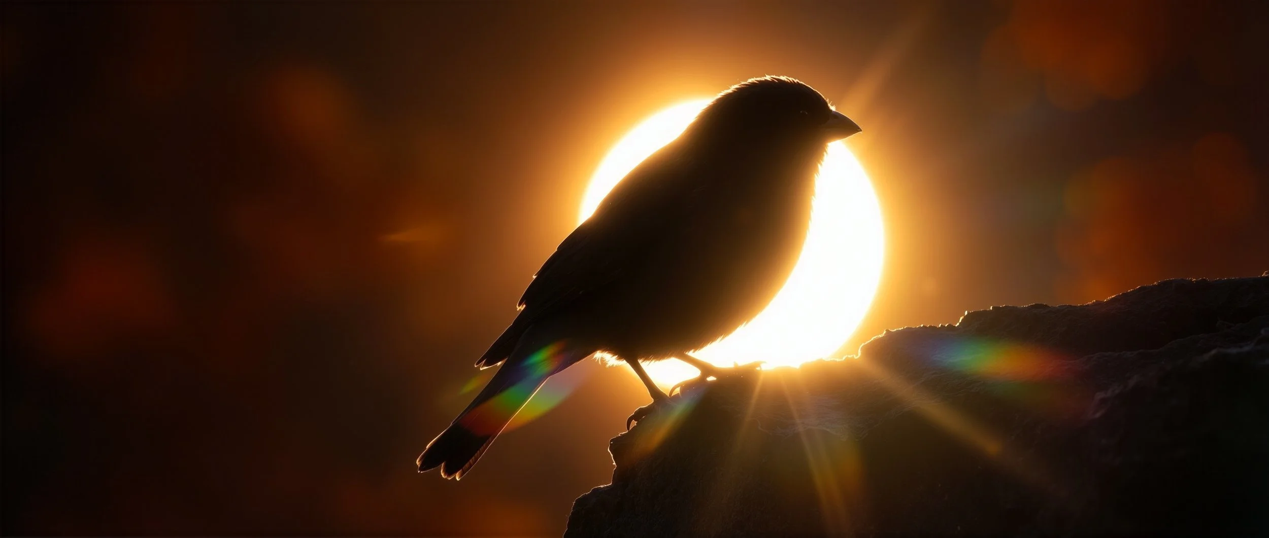 A.I. Silhouette of a bird perched on a rock backlit by a bright, setting sun with light rays and lens flare.