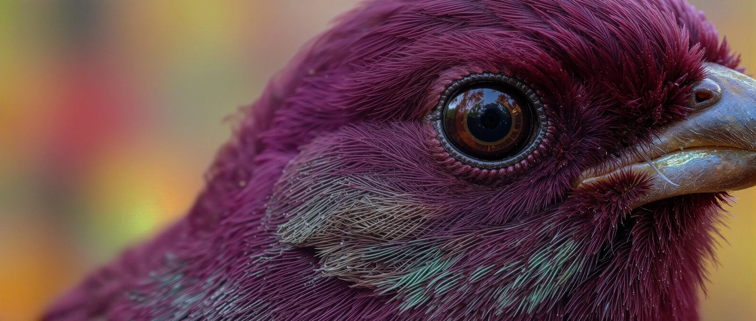 A.I generated Close-up of a bird's head, showing its vibrant purple feathers, large eye reflecting surroundings, and pointed beak.
