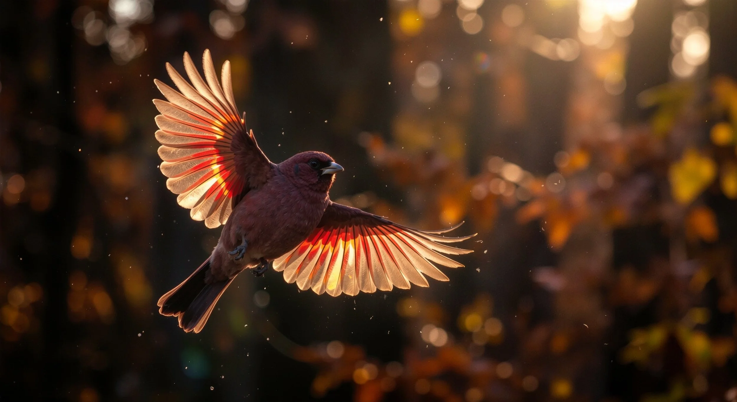 A.I generated bird with maroon feathers and vibrant orange-tipped wings flying in front of a blurred autumn-colored background with sunlight filtering through trees.
