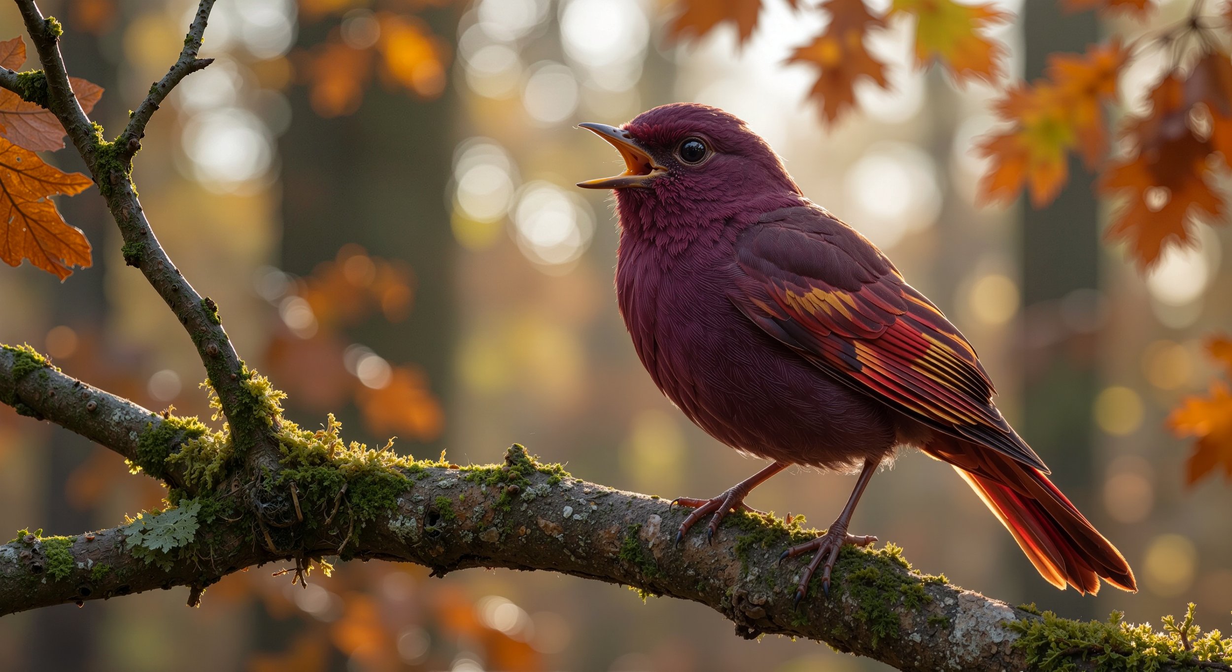 A.I. generated small, purple and red bird perched on a moss-covered tree branch, singing with an open beak, surrounded by blurred autumn leaves and sunlight.