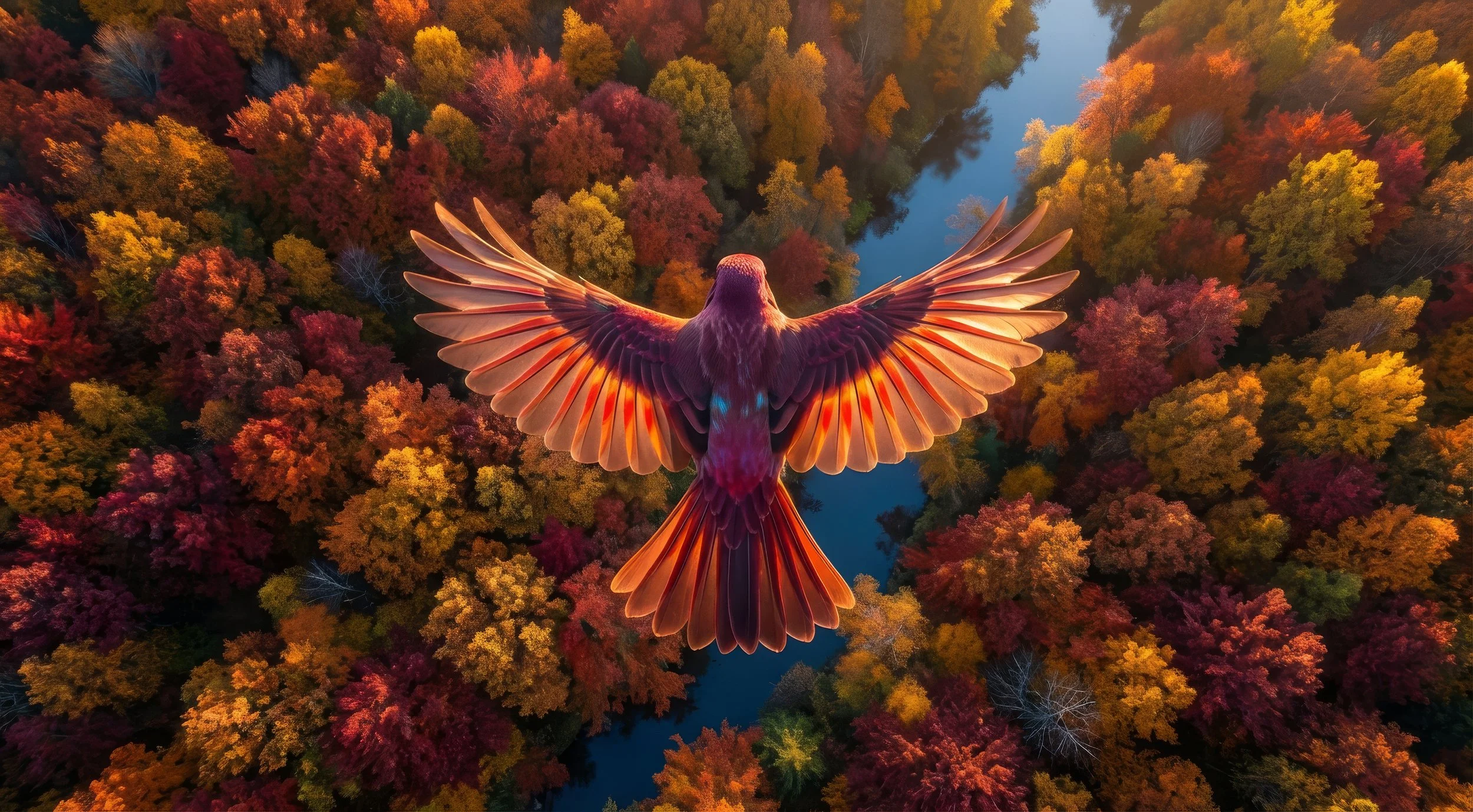 A.I. bird with illuminated, outstretched wings flying above a colorful autumn forest with a river running through it.