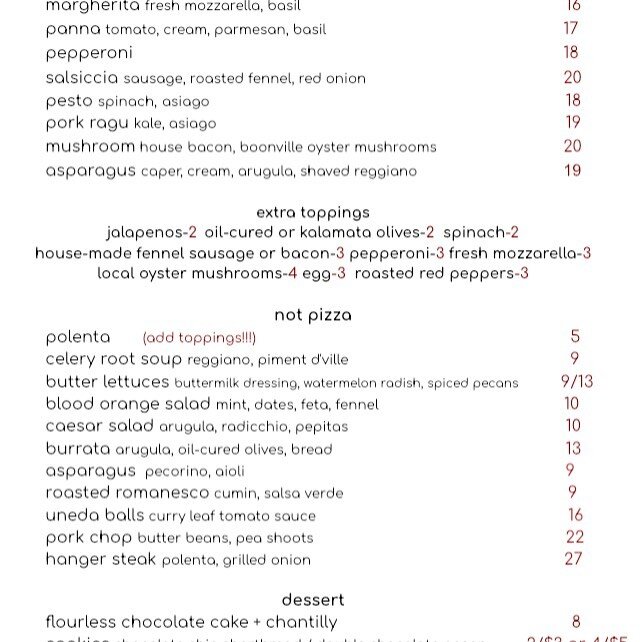 The current menu. Open Wednesday-Sunday 5:00-8:00 call 707-895-2222 for reservations #woodfiredpizza #boonville