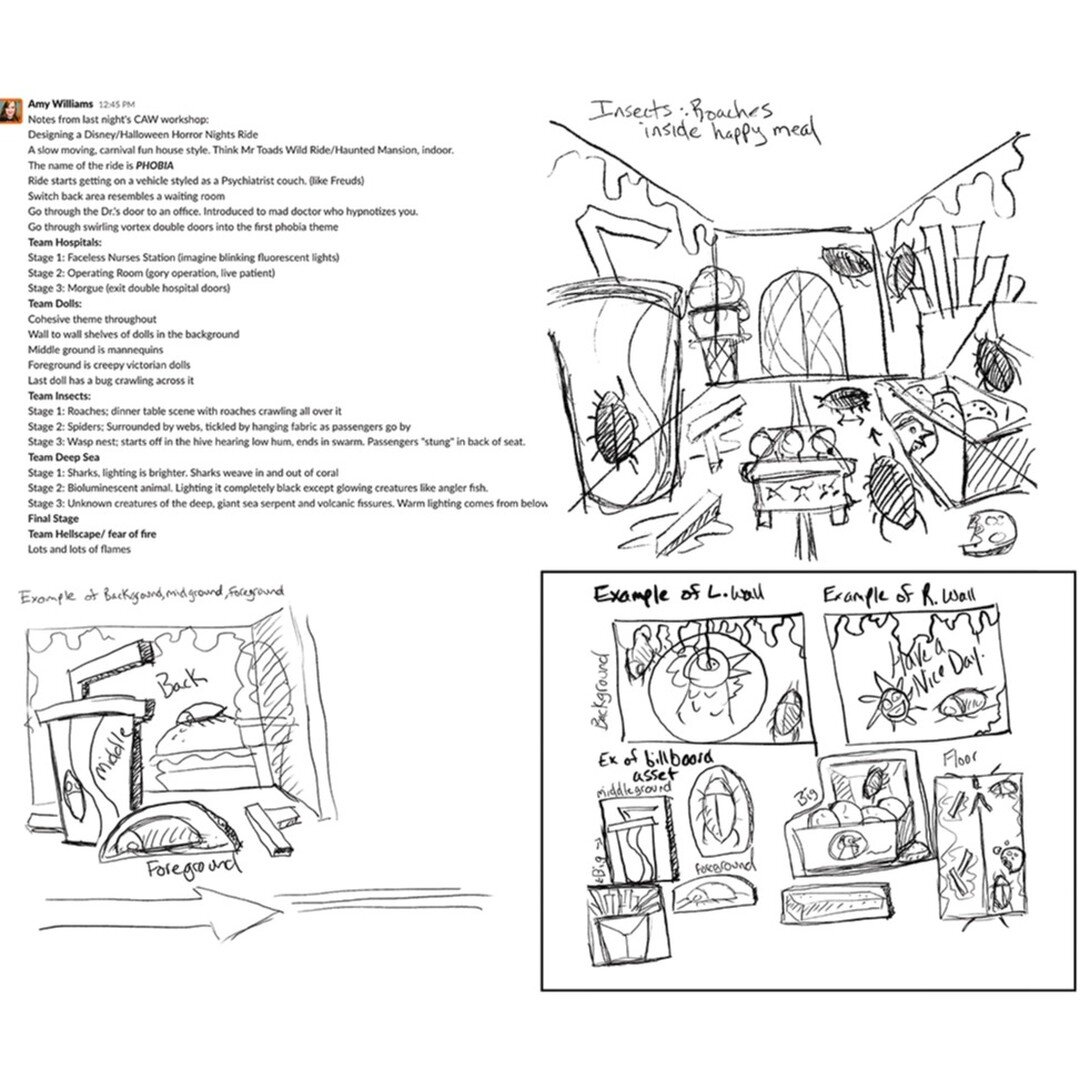 Last night's concept art workshop was about environments. So instead of lecturing we hit the ground running and I had the students design a ride &quot;Phobia&quot;. The students decided on theme and the stages. If the students from each team finish t