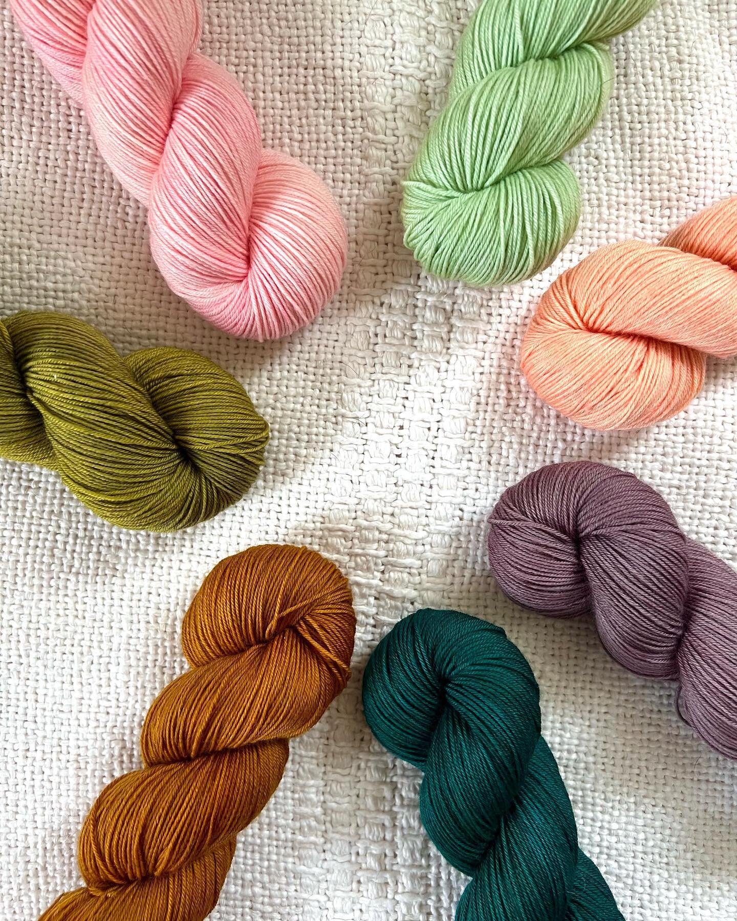 The semisolids that will be in the shop tomorrow (Friday, April 7th at 6pm EDT)!

I am bringing back:
Honey
Piedmont
Thistle

I created four new colorways for spring:
Lichen
Blossom
Dewdrop
Apricot

I will have these semisolids ready to ship on Merin