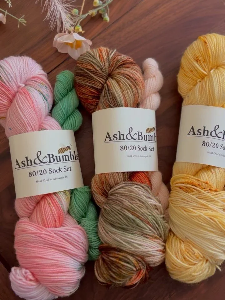 The first quarter of the Colors of the Month | Flora, Fauna, Fungi Series!

We have:
Colorado Waterlily &amp; Lily Pad
Painted Lady Butterfly &amp; Nectar
Golden Chanterelle &amp; Oak

Featured on my 80/20 Sock base as a sock set (100g + 20g mini). A