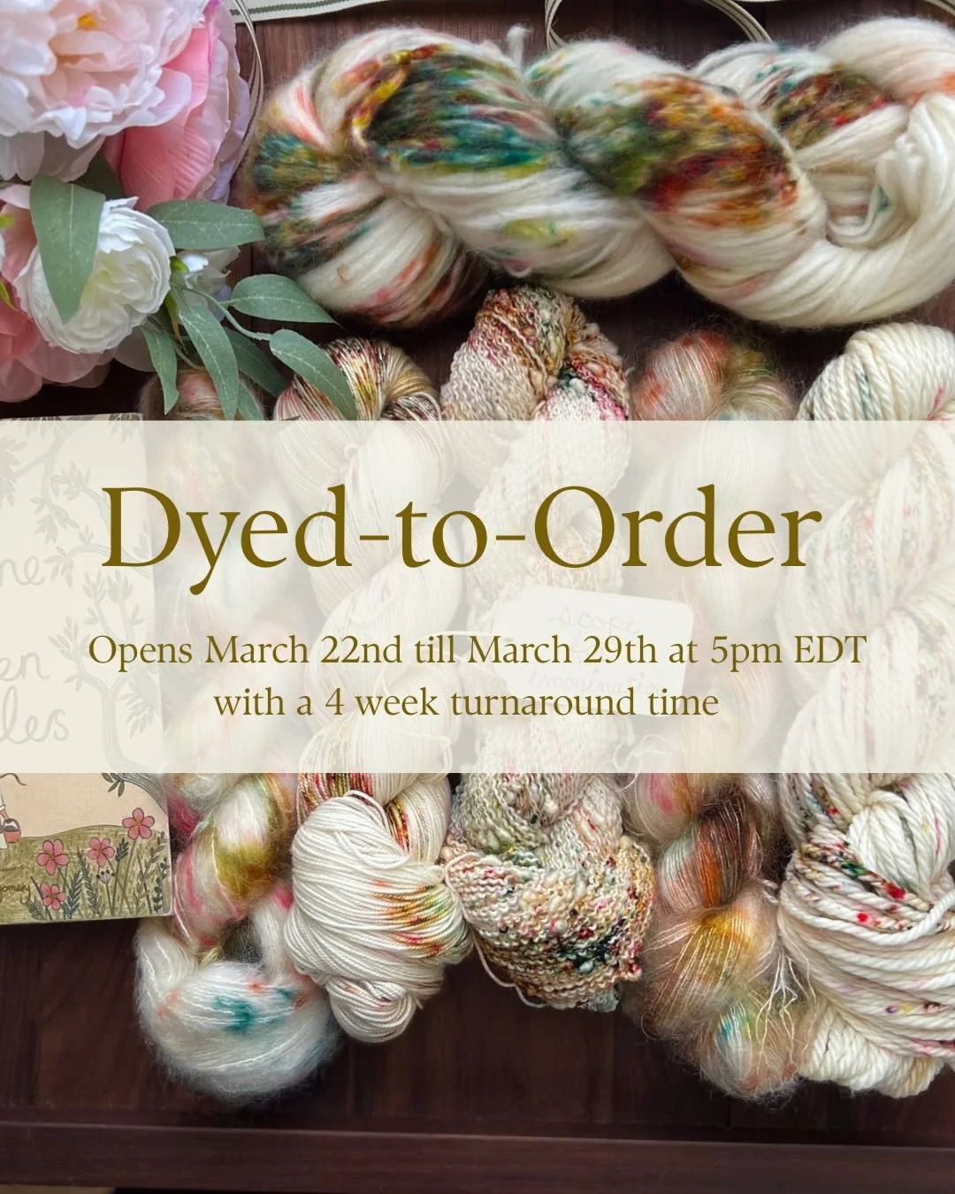 Happy Monday, guys! March&rsquo;s Dyed to Order is now open. I will keep DTO open one week or until I reach my capacity for a four week turnaround. 

I have -50 of my colorways available for pre-order across all bases (including 20g &amp; 50g skeins 