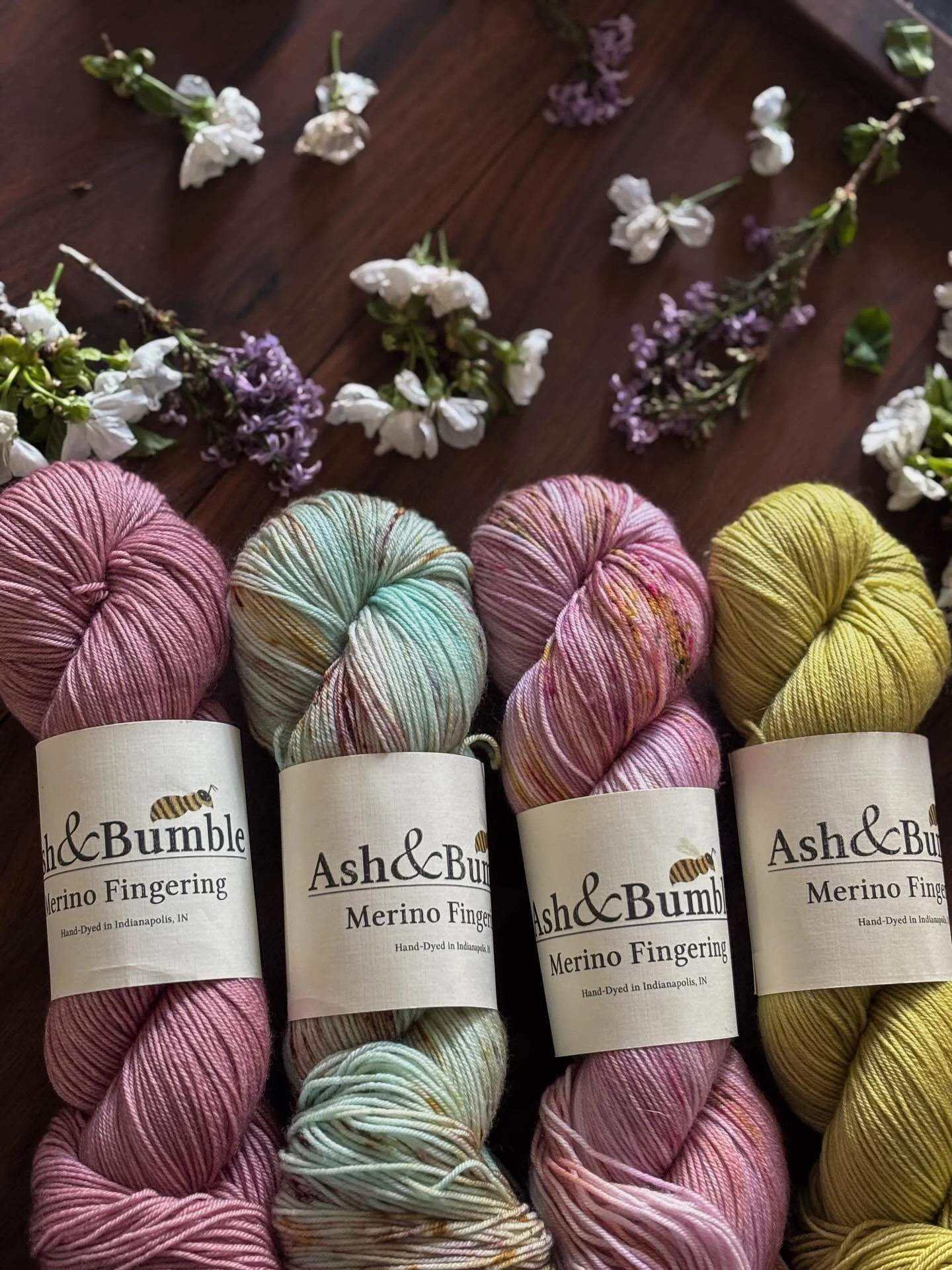 These soft, yet colorful pastels bring me so much joy on this unexpected sunny day here in Indianapolis. 

Colorways pictured on my Merino Fingering base (100% SW Merino Wool)(left to right):

Petal, English Garden, Butterfly Bush, &amp; Pear

All ar
