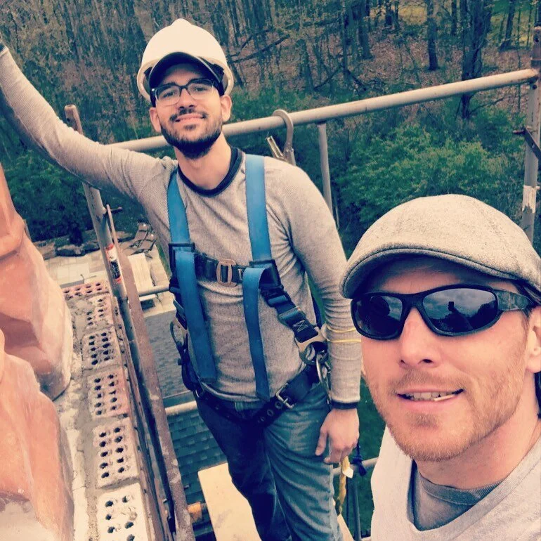 This chimney was up there! Good thing we like heights! #masonry #Chimney #chimneyrepair #Repointing #Contracting #ArcangelBuilders #scaffolding #Heights