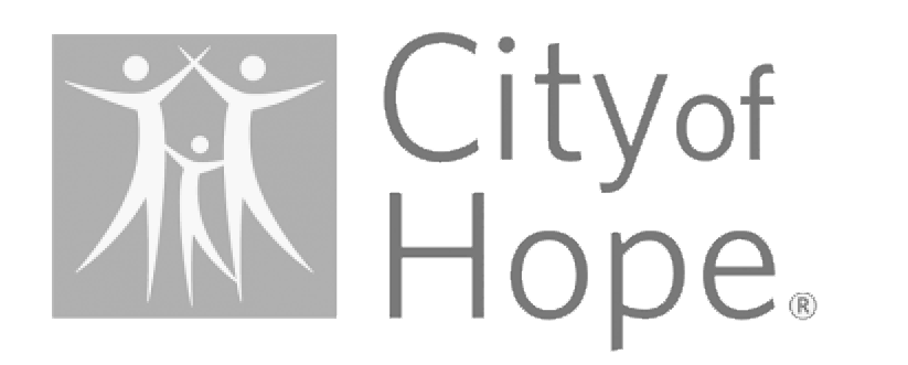 Logo of City of Hope featuring stylized white figures with raised arms inside a gray square, with the text "City of Hope" to the right.