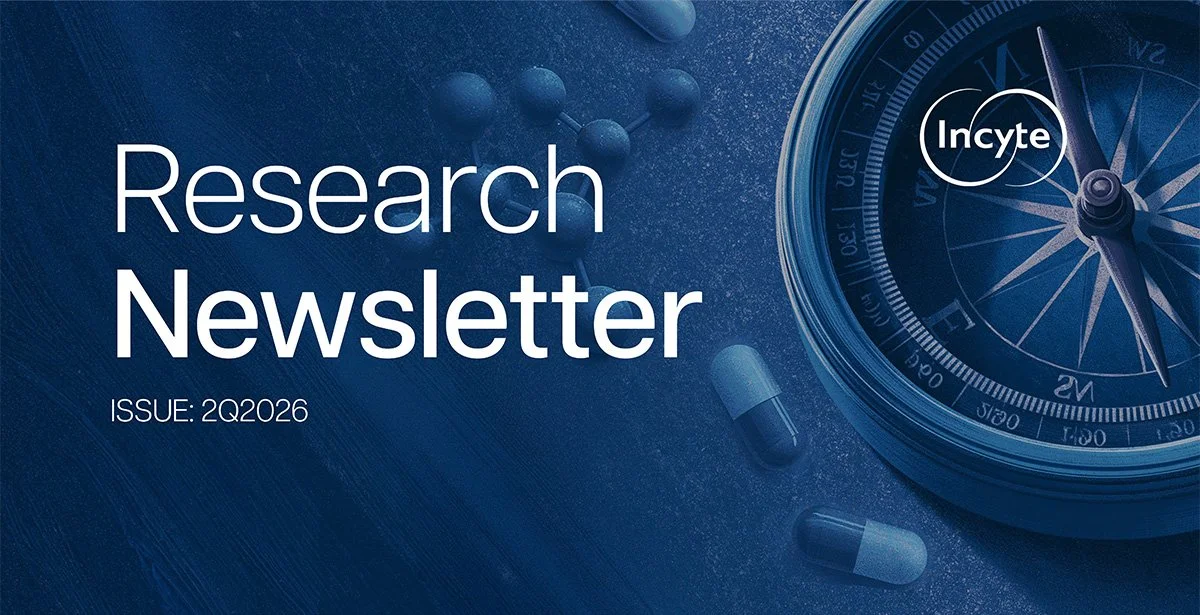 A research newsletter cover with the title "Research Newsletter" and issue number 2Q2026, featuring a compass, pills, and molecular structures on a blue background.
