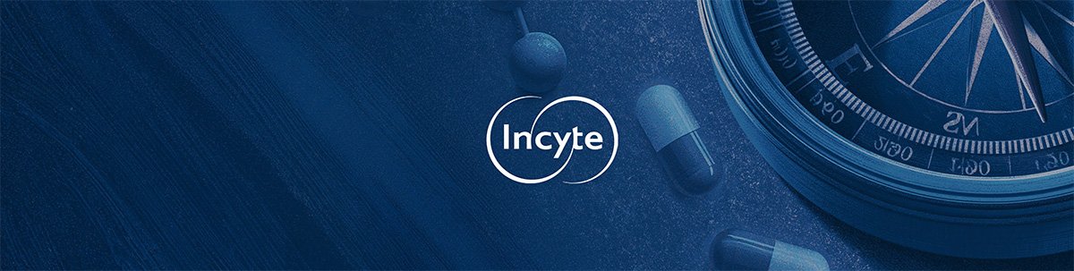 A digital illustration featuring the word 'Incyte' with a clock, pills, and a blue textured background.