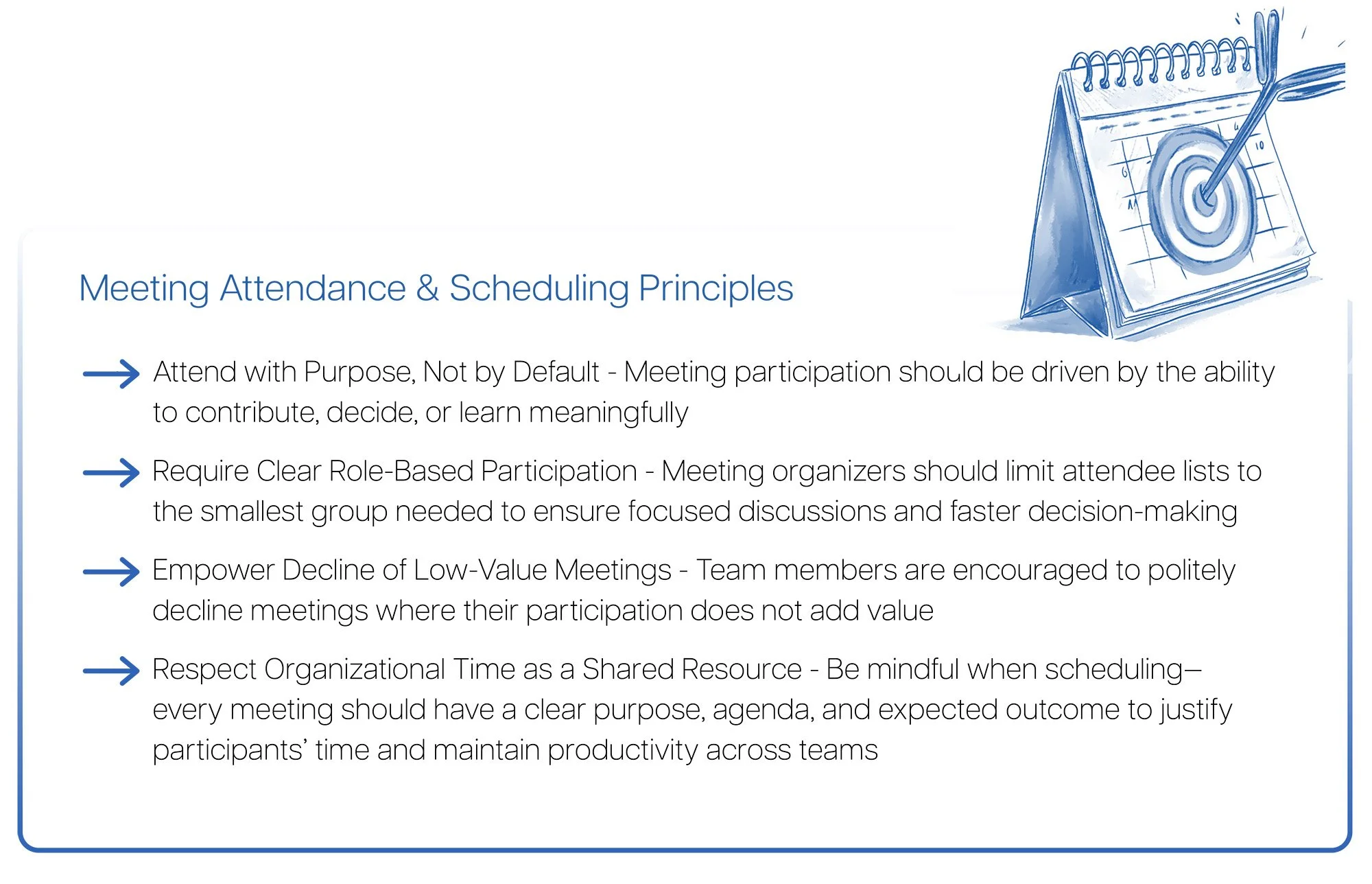 A blue sketch of a desk calendar with a spiral binding and a dart hitting the bullseye on a target. The calendar is labeled 'Meeting Attendance & Scheduling Principles' and contains bullet points with tips for effective meetings.